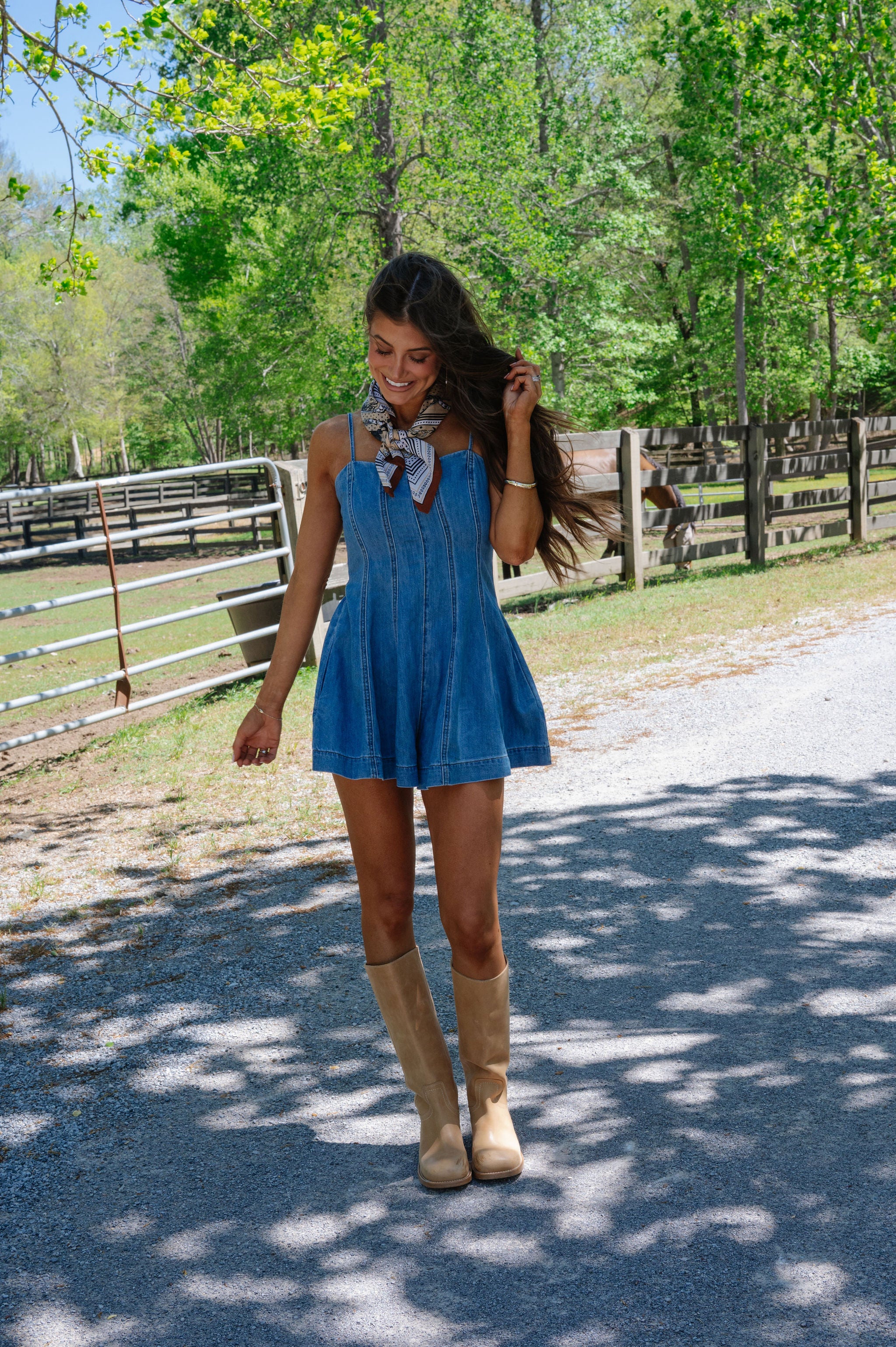 Quincy Paneled Romper-Washed Denim