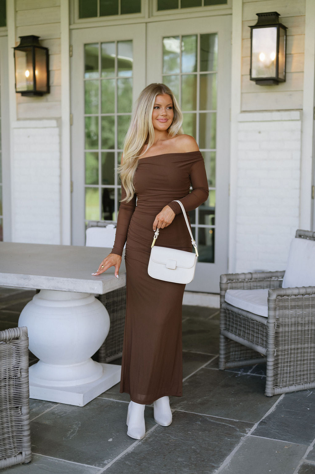 Off The Shoulder Mesh Maxi Dress-Chocolate