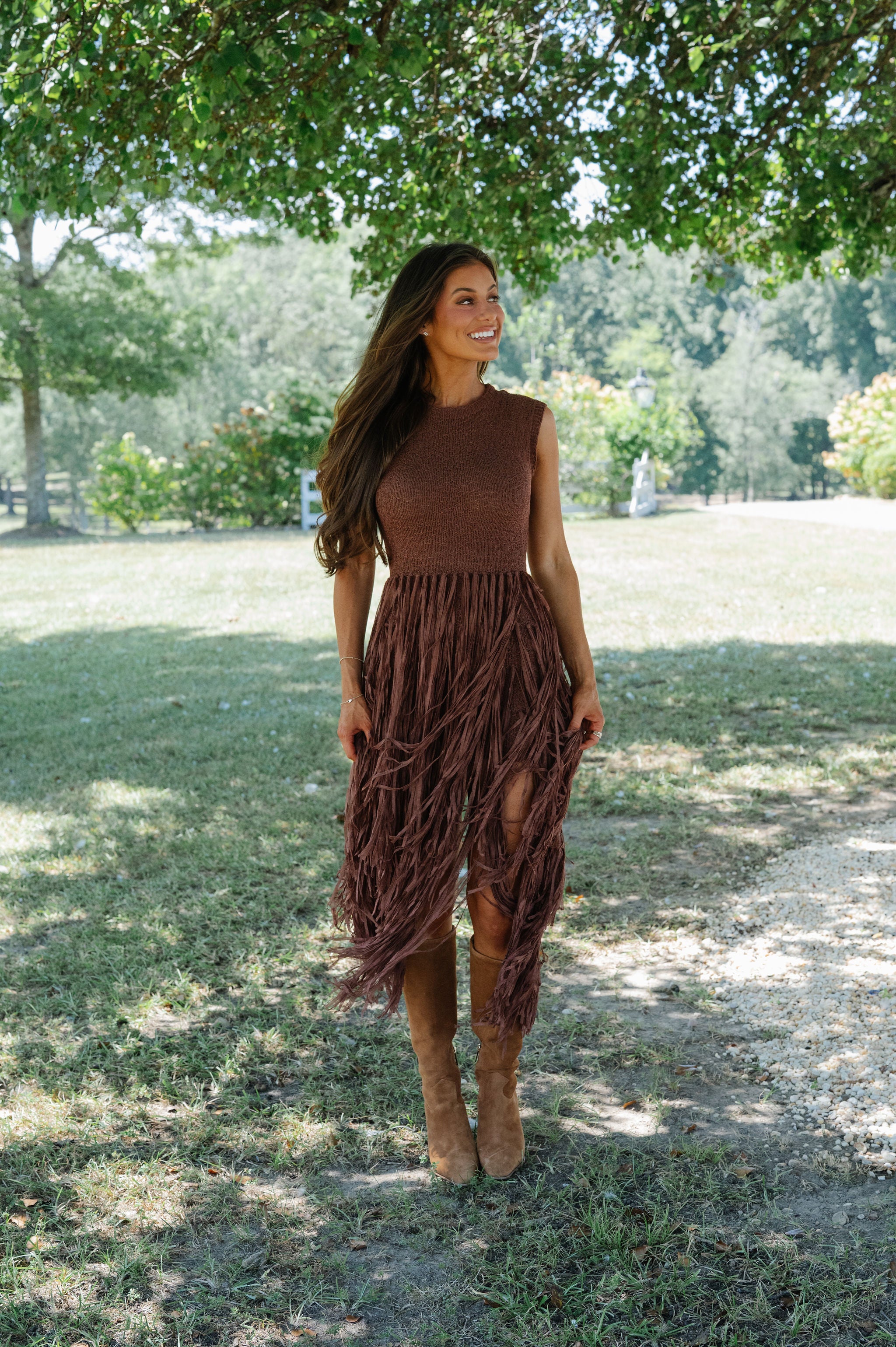 Romy Fringe Knit Dress-Cafe