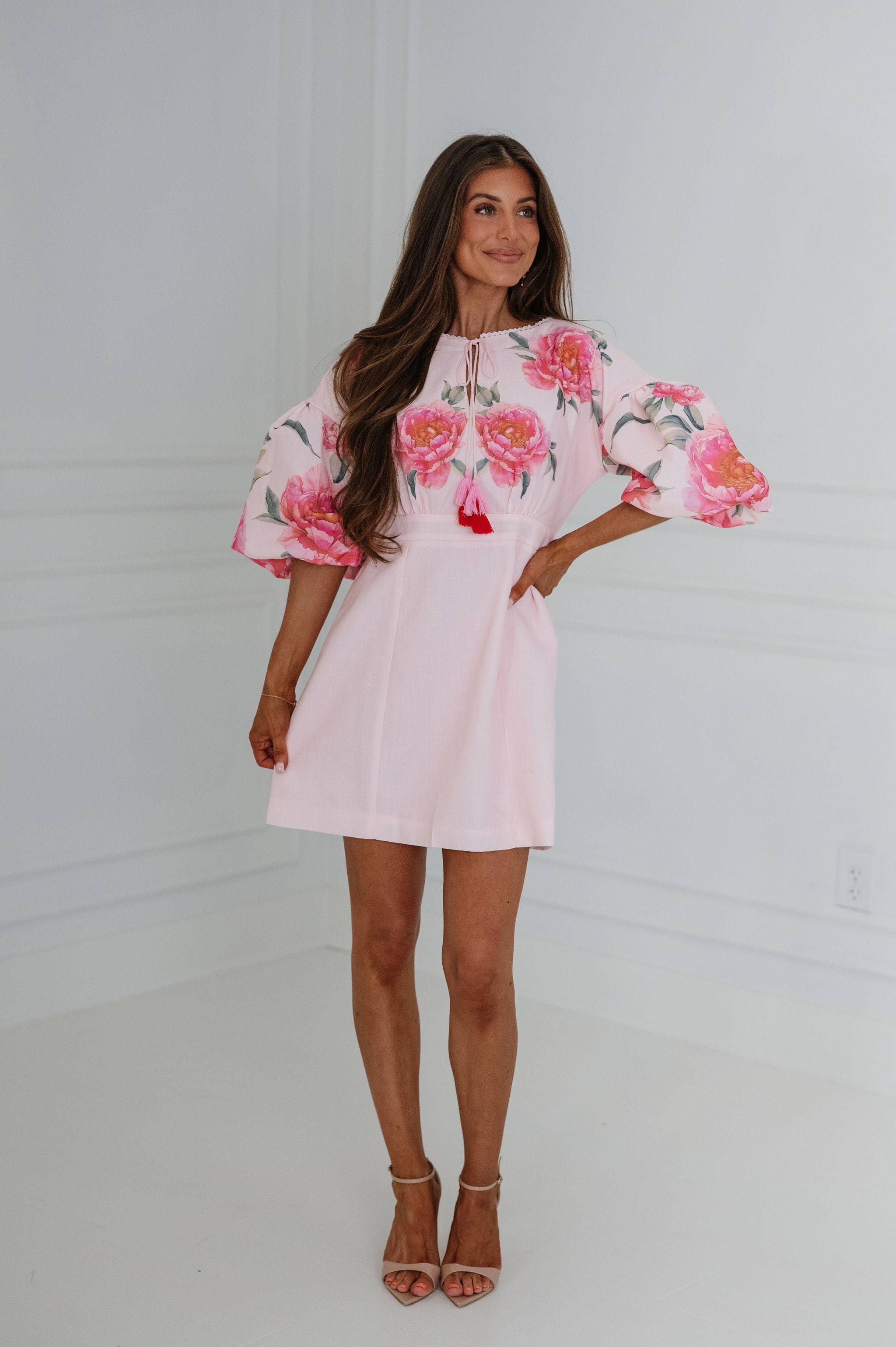 Georgia Floral Eyelet Lace Mini Dress-Pink