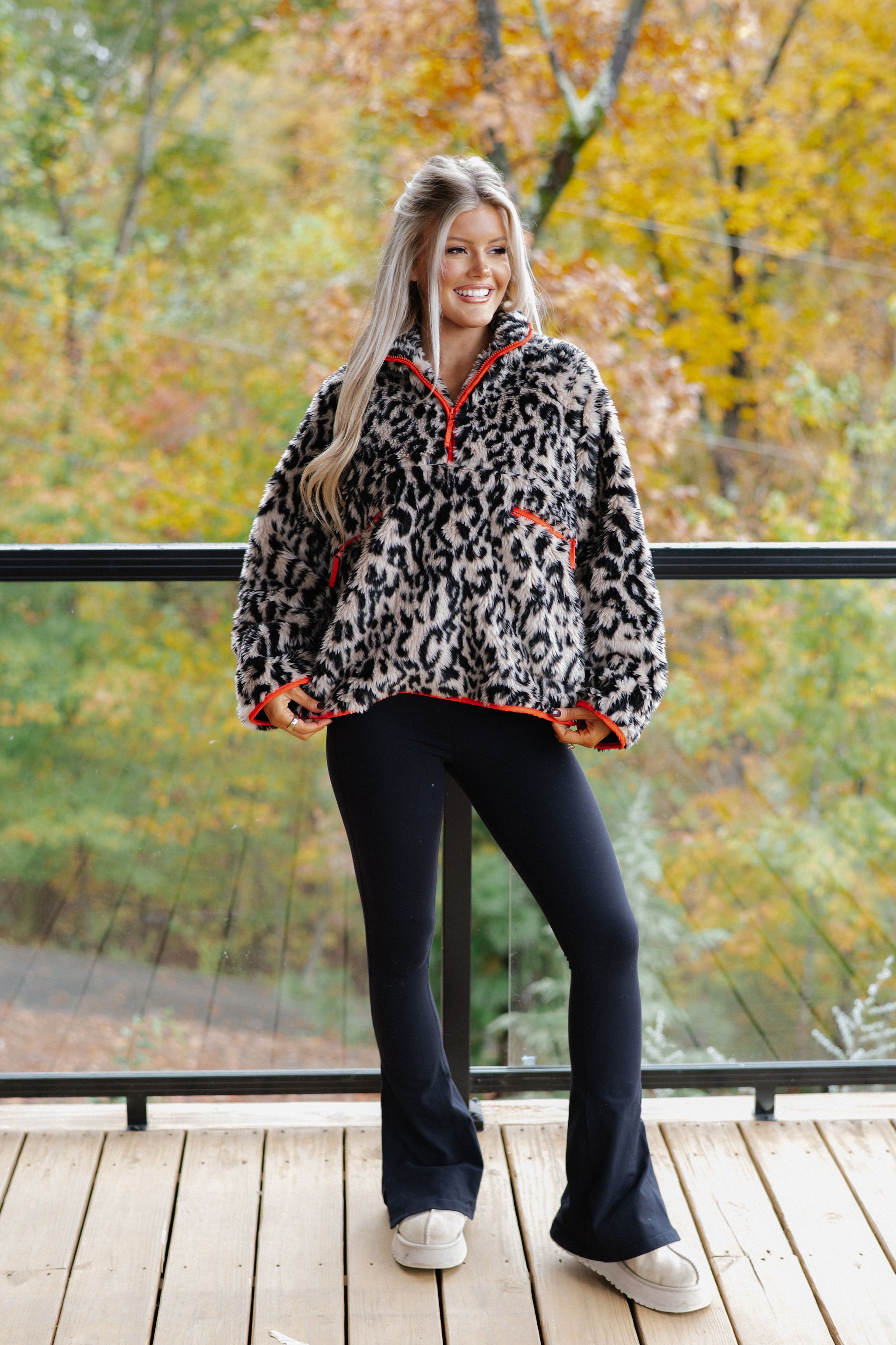Leopard Half Zip Front Pullover-Beige