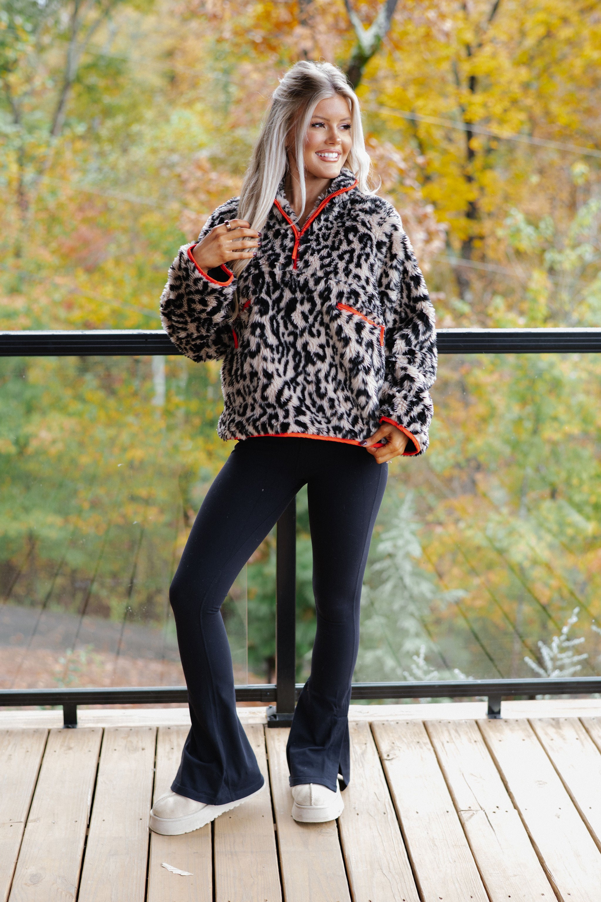 Leopard Half Zip Front Pullover-Beige