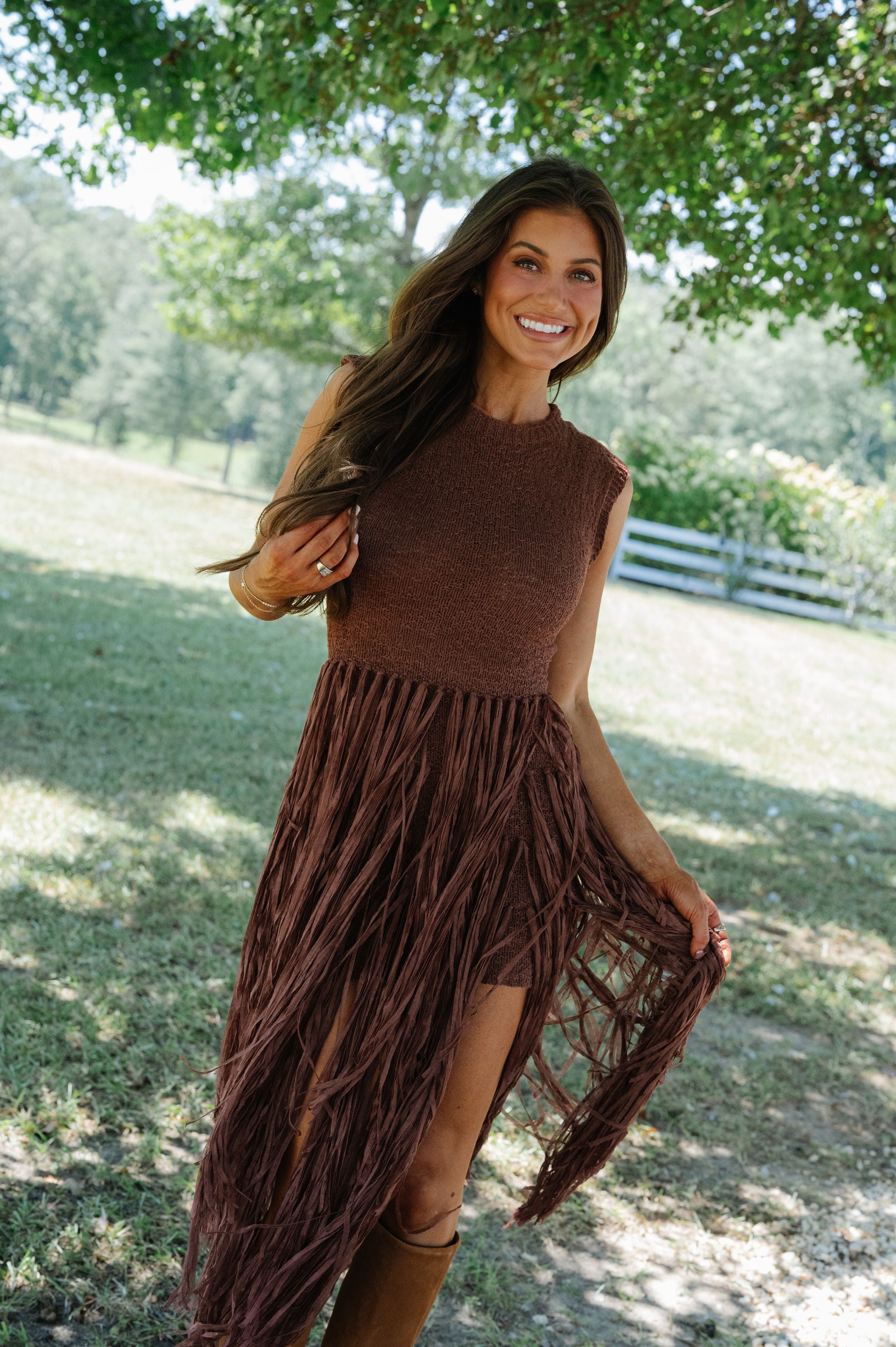 Romy Fringe Knit Dress-Cafe