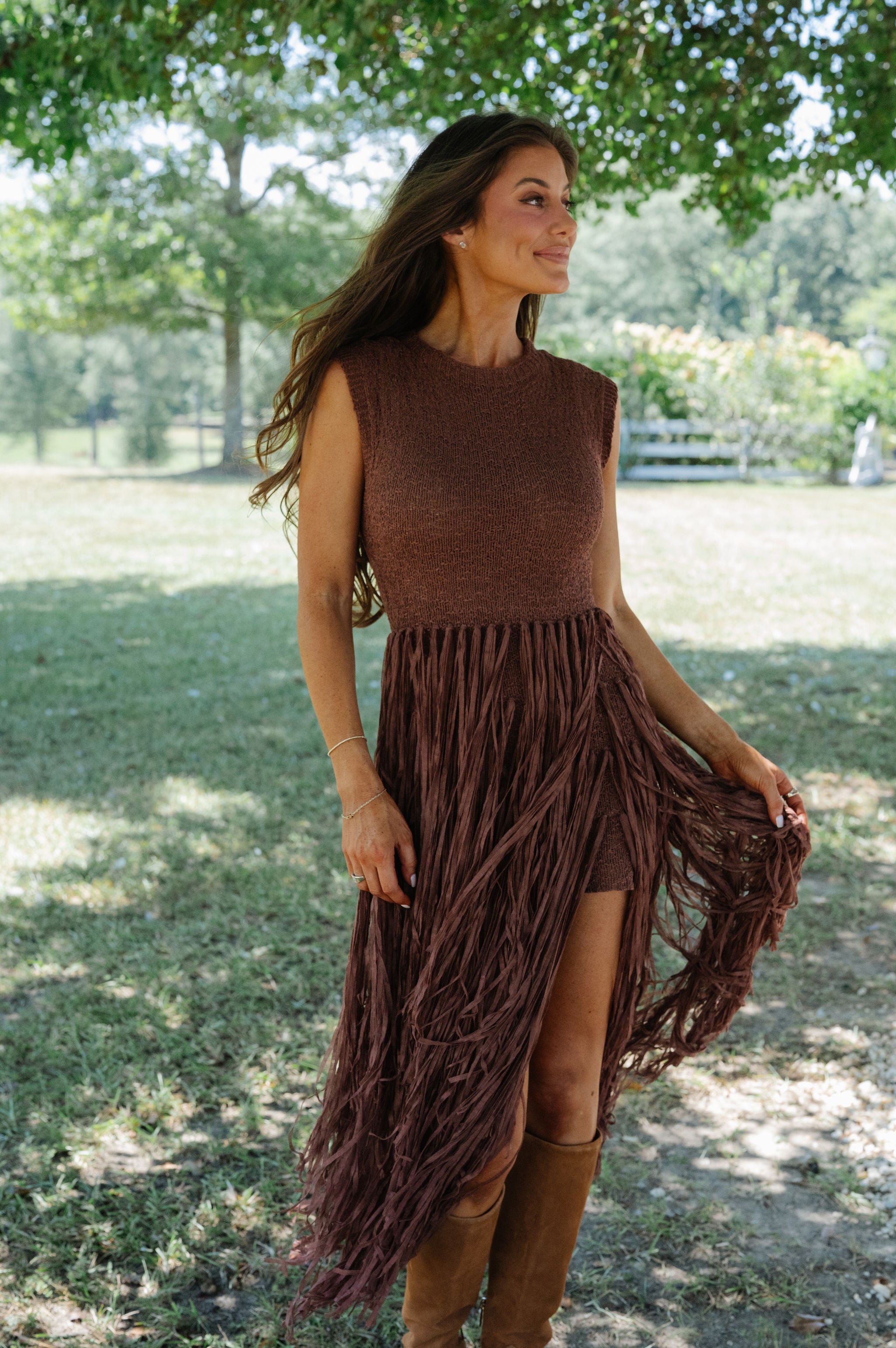 Romy Fringe Knit Dress-Cafe