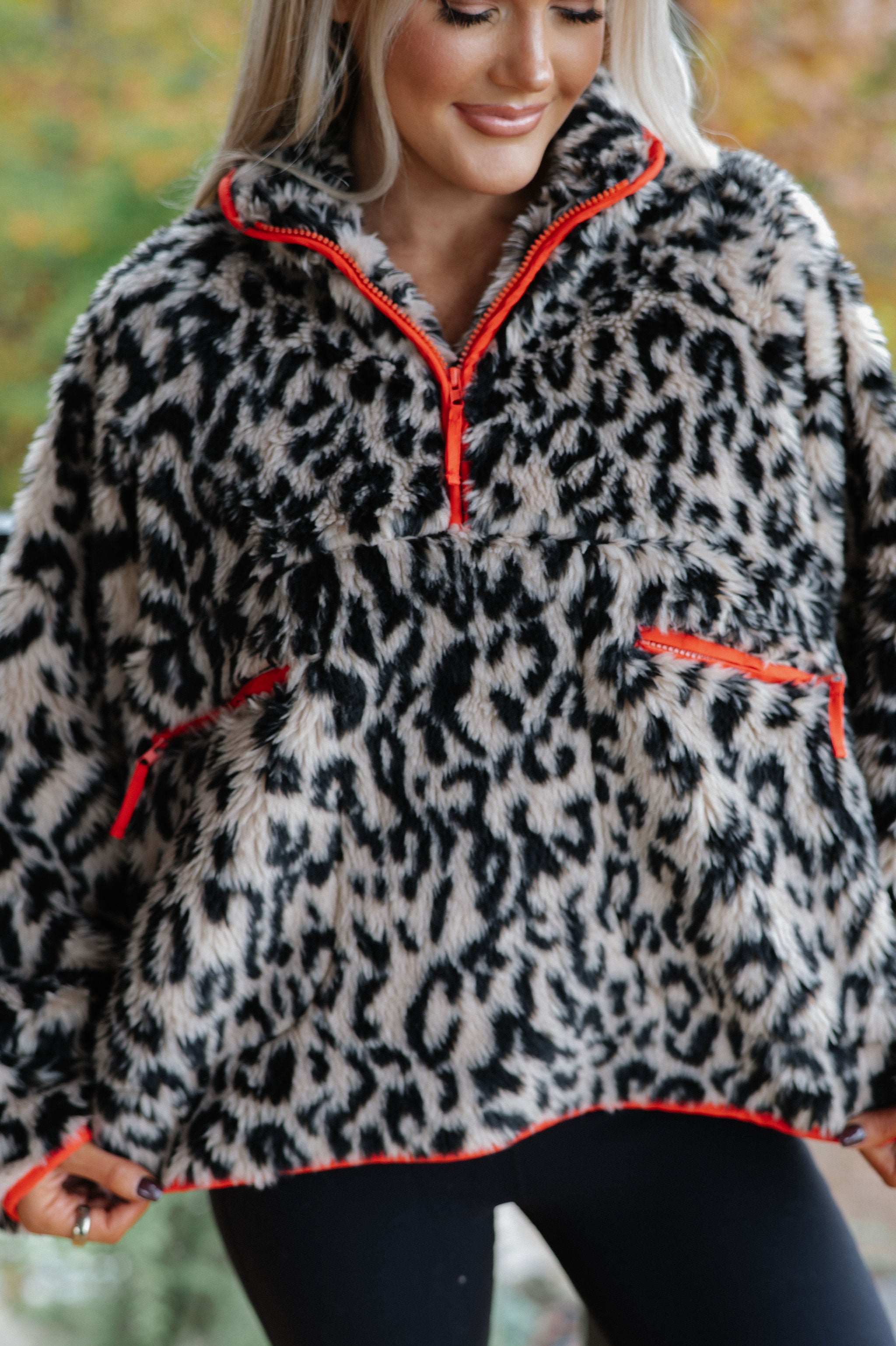 Leopard Half Zip Front Pullover-Beige