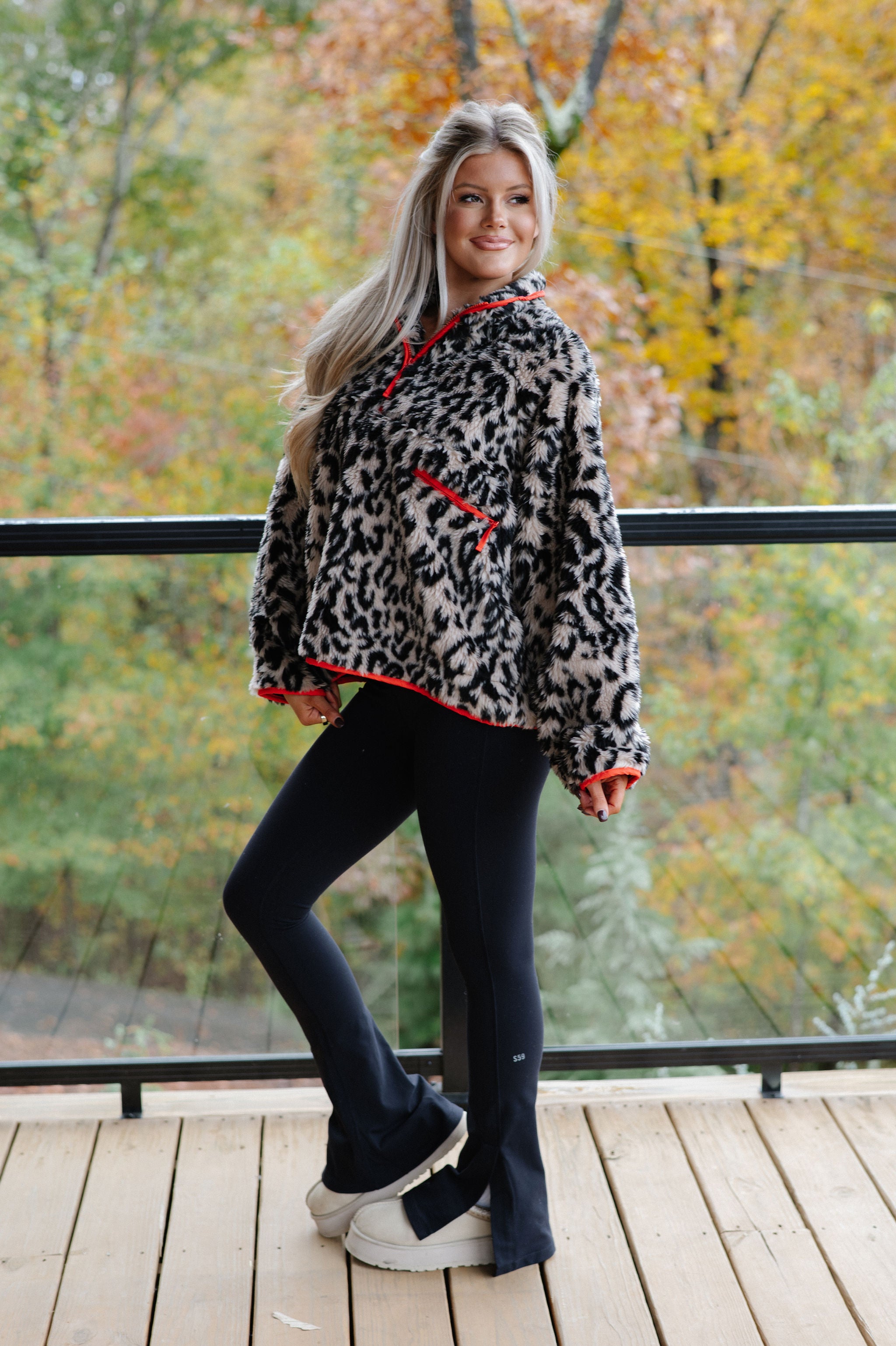 Leopard Half Zip Front Pullover-Beige