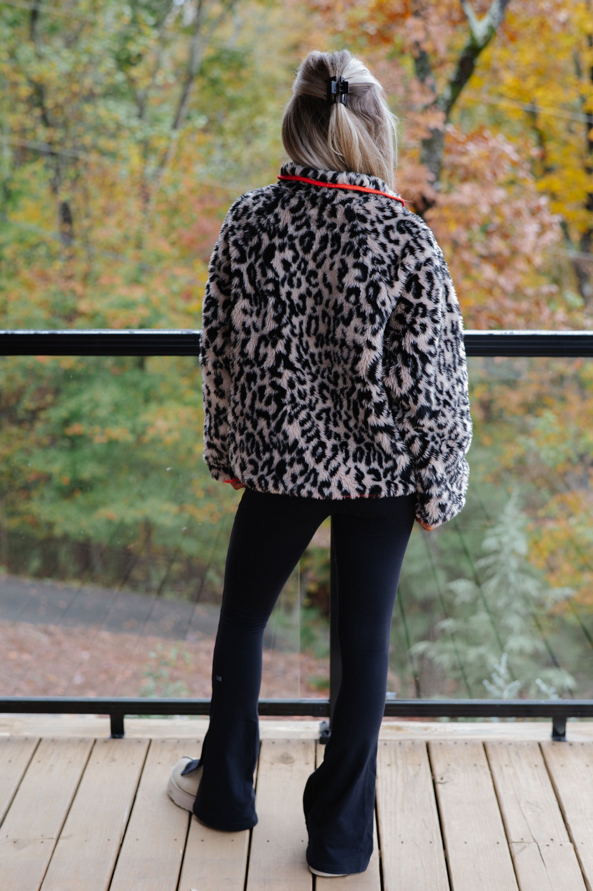 Leopard Half Zip Front Pullover-Beige