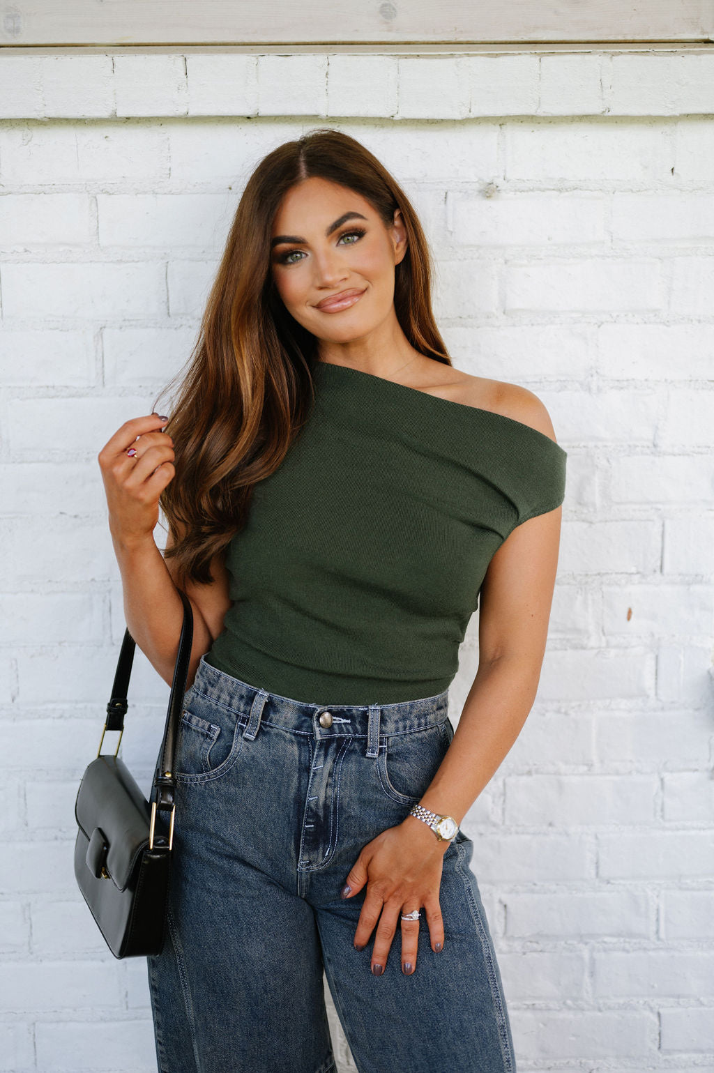 Asymmetrical Sweater Top-Forest Green