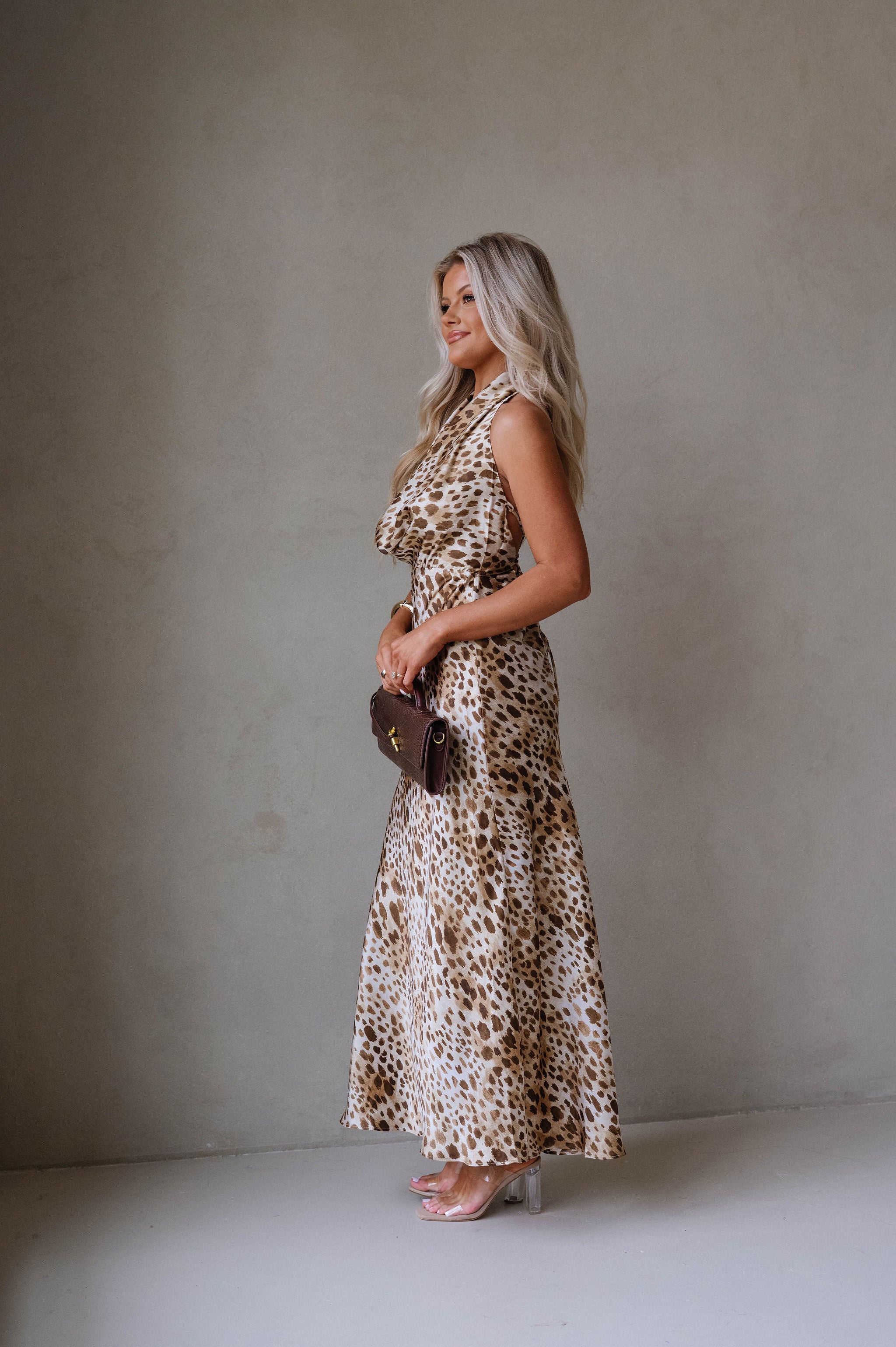 Savanna Draped Halter Neck Maxi Dress-Soft Brown