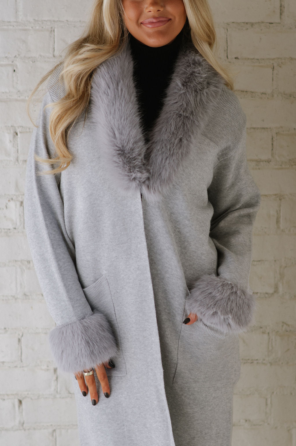 Madeline Faux Fur Trim Cardigan-Silver Grey