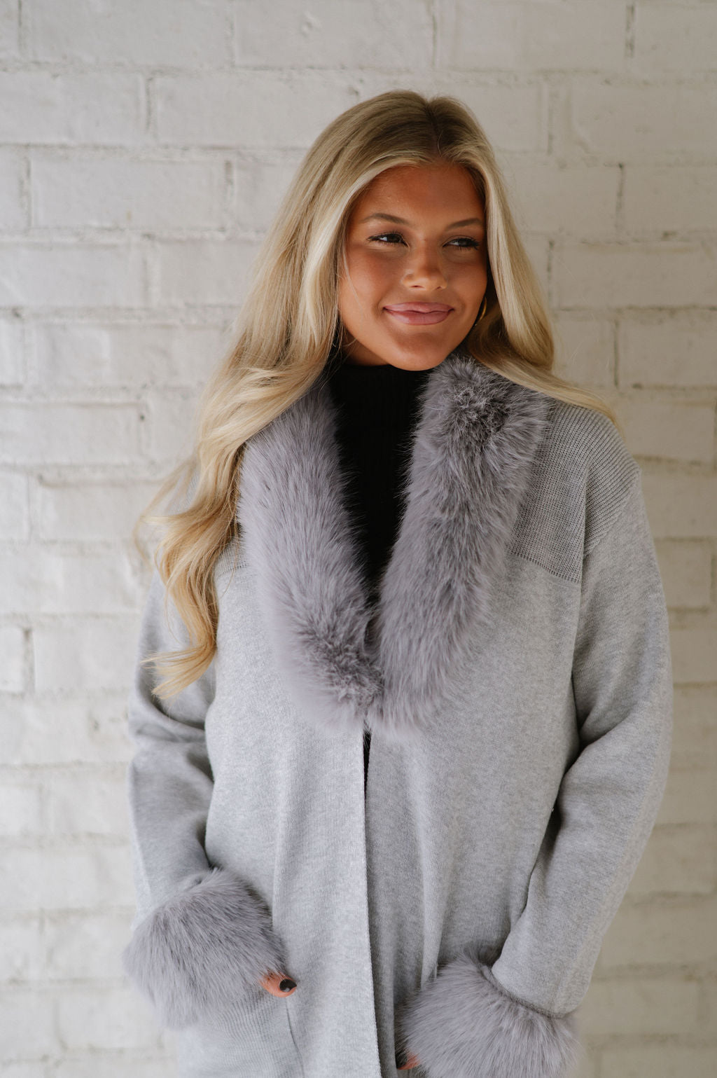 Madeline Faux Fur Trim Cardigan-Silver Grey