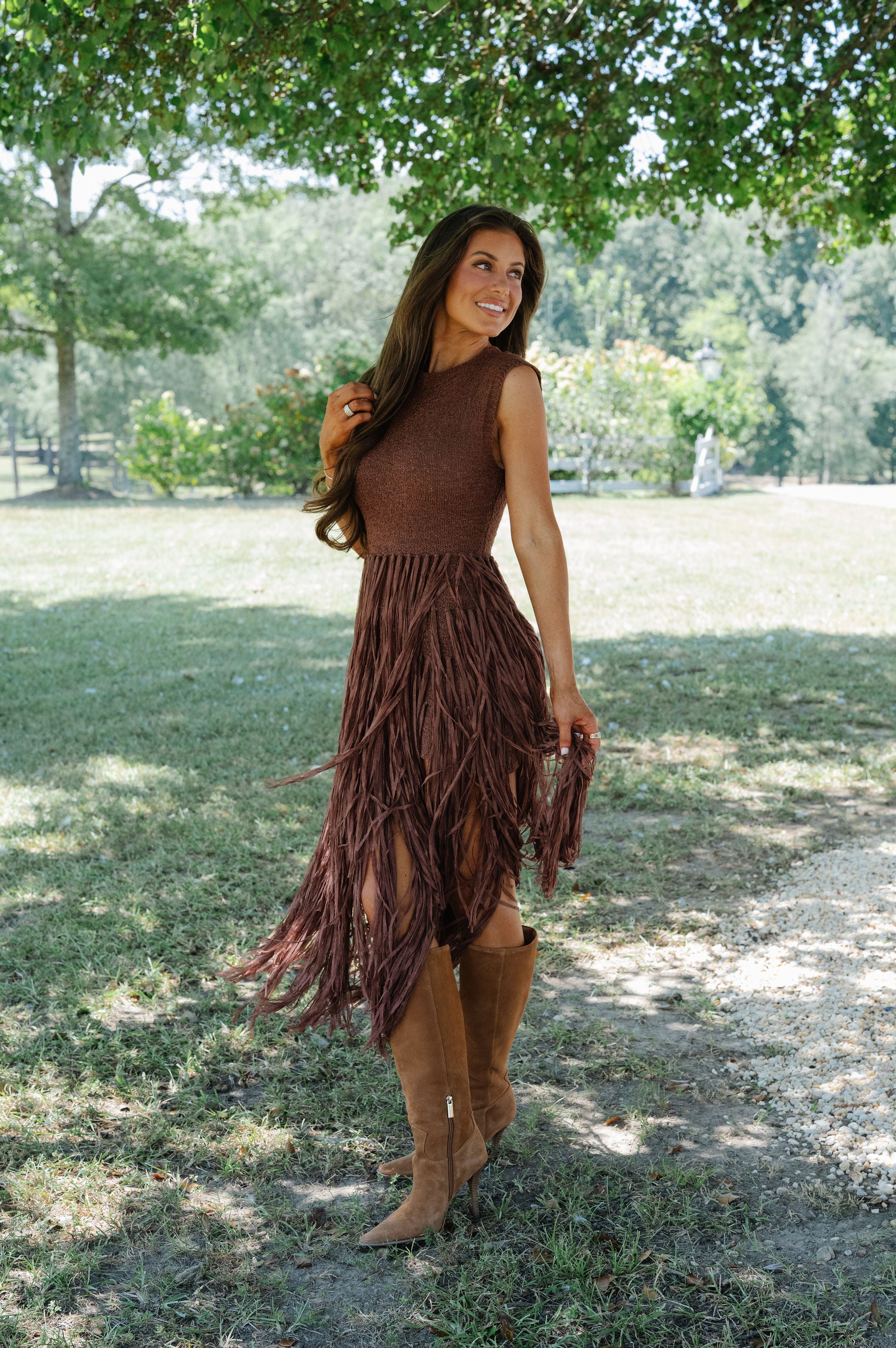 Romy Fringe Knit Dress-Cafe
