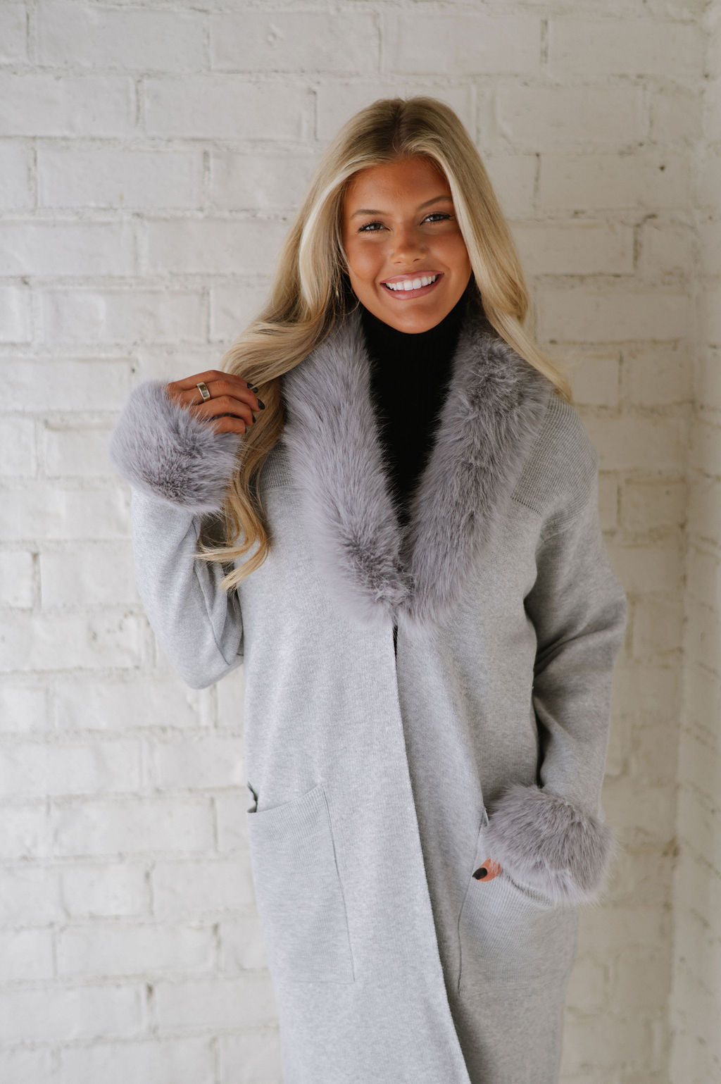 Madeline Faux Fur Trim Cardigan-Silver Grey