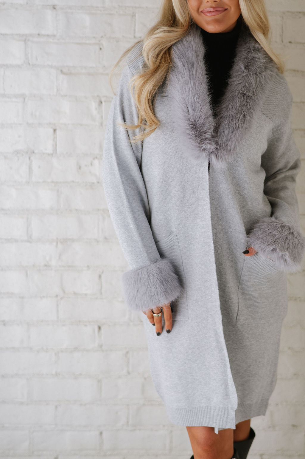 Madeline Faux Fur Trim Cardigan-Silver Grey