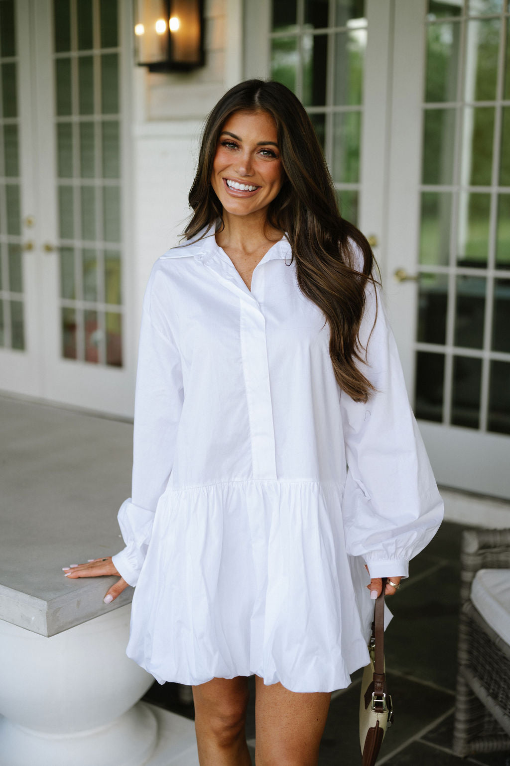 Bubble Hem Shirt Dress-White