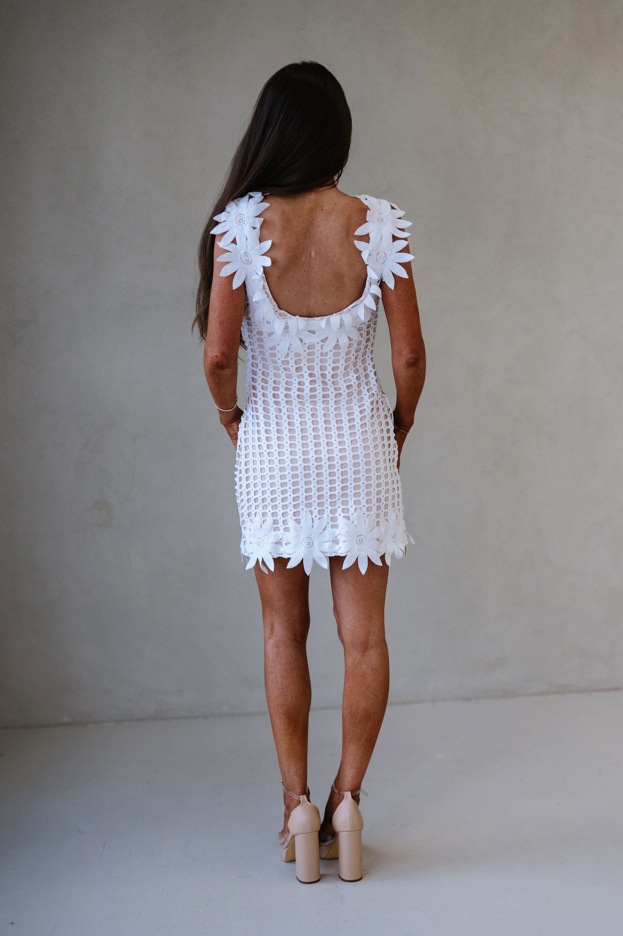 Crochet Daisy Statement Mini Dress-White