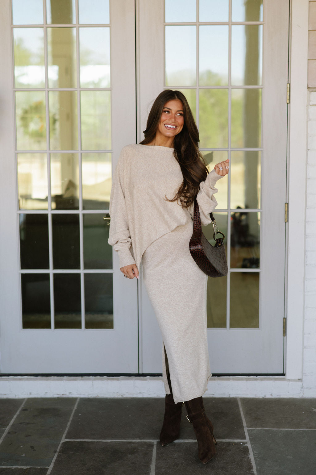 beige sweater grey skirt