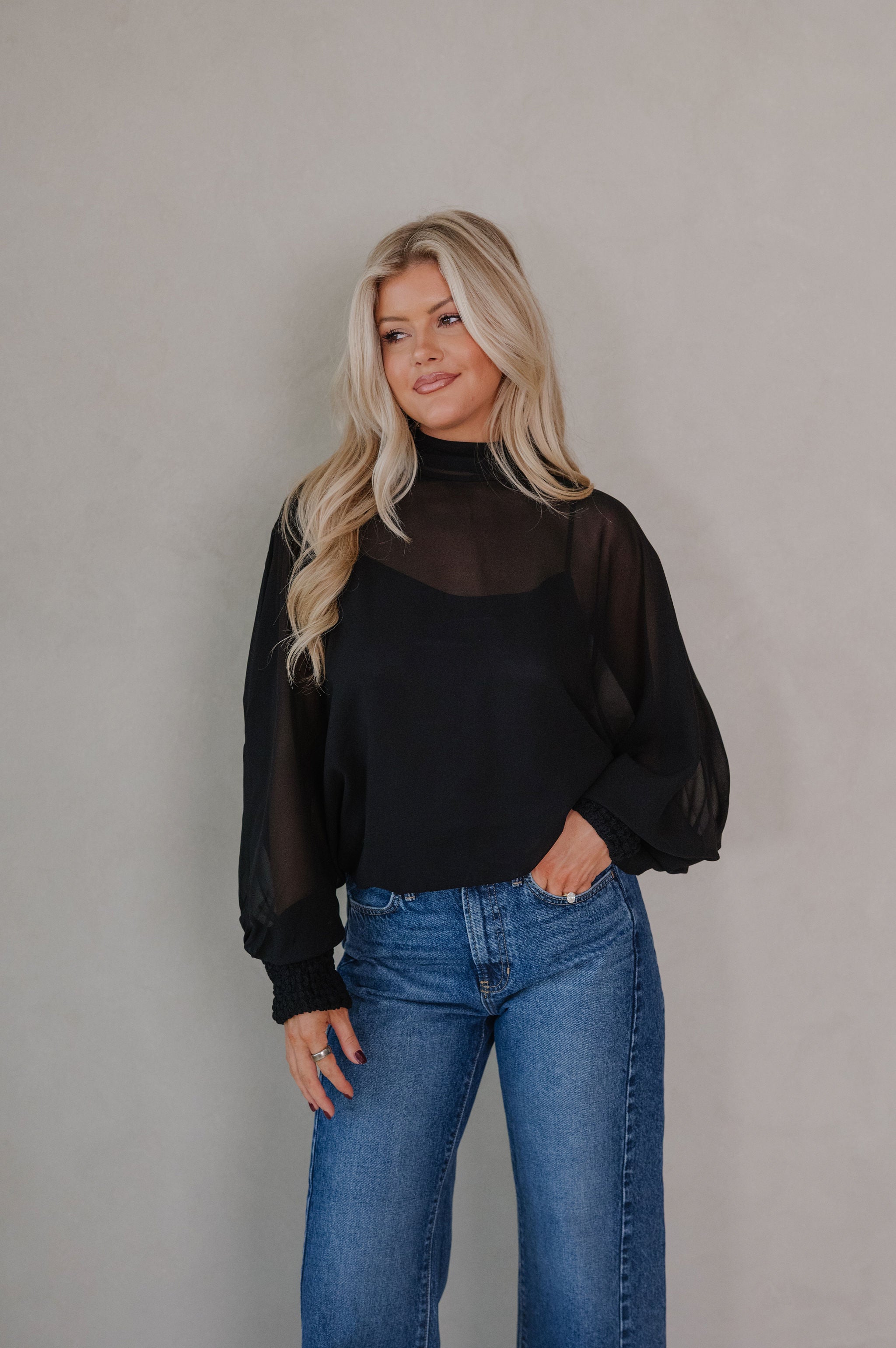 Mock Neck Sheer Top-Black