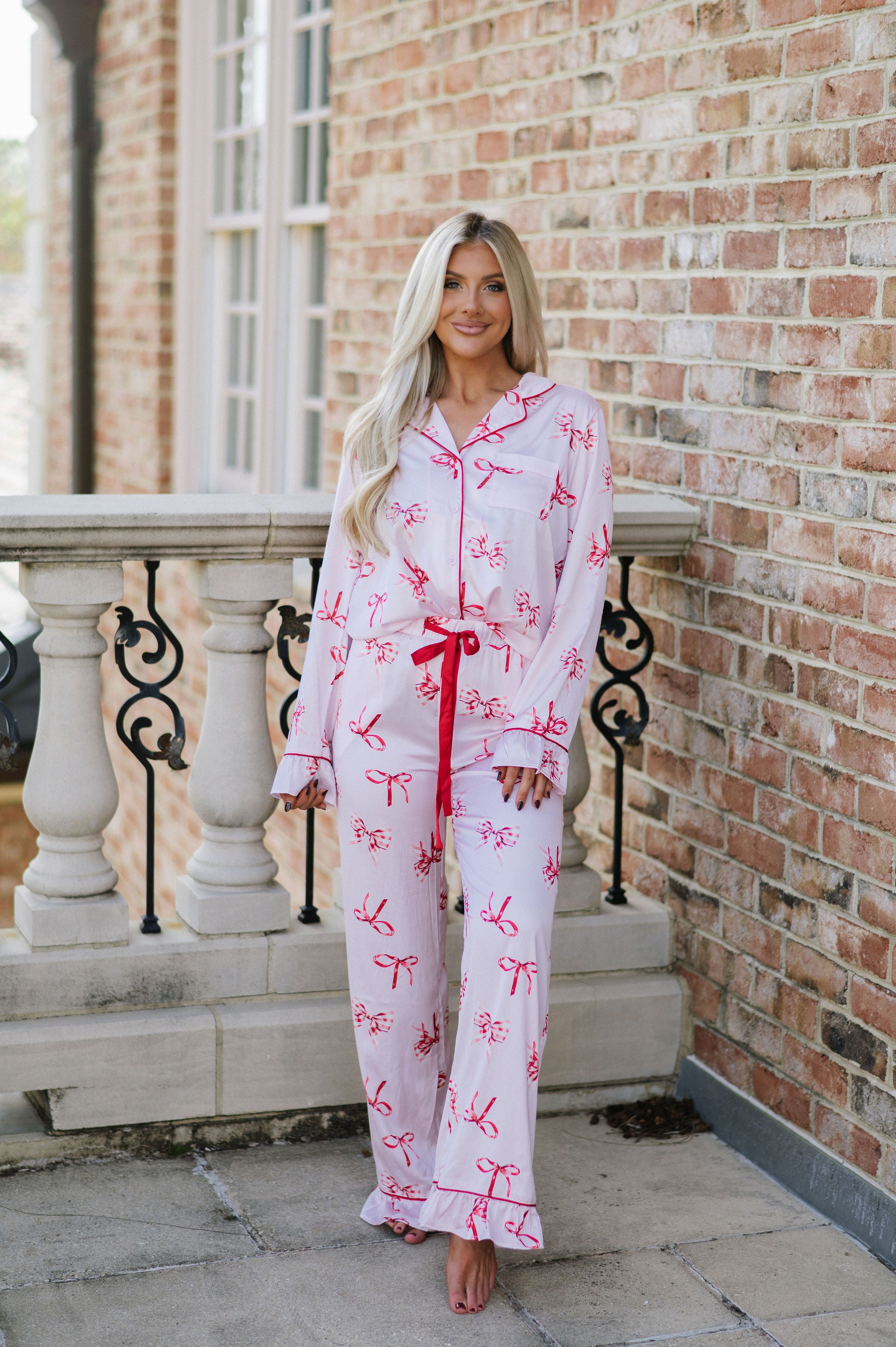 Bentley Bow Satin Pajamas-Light Pink