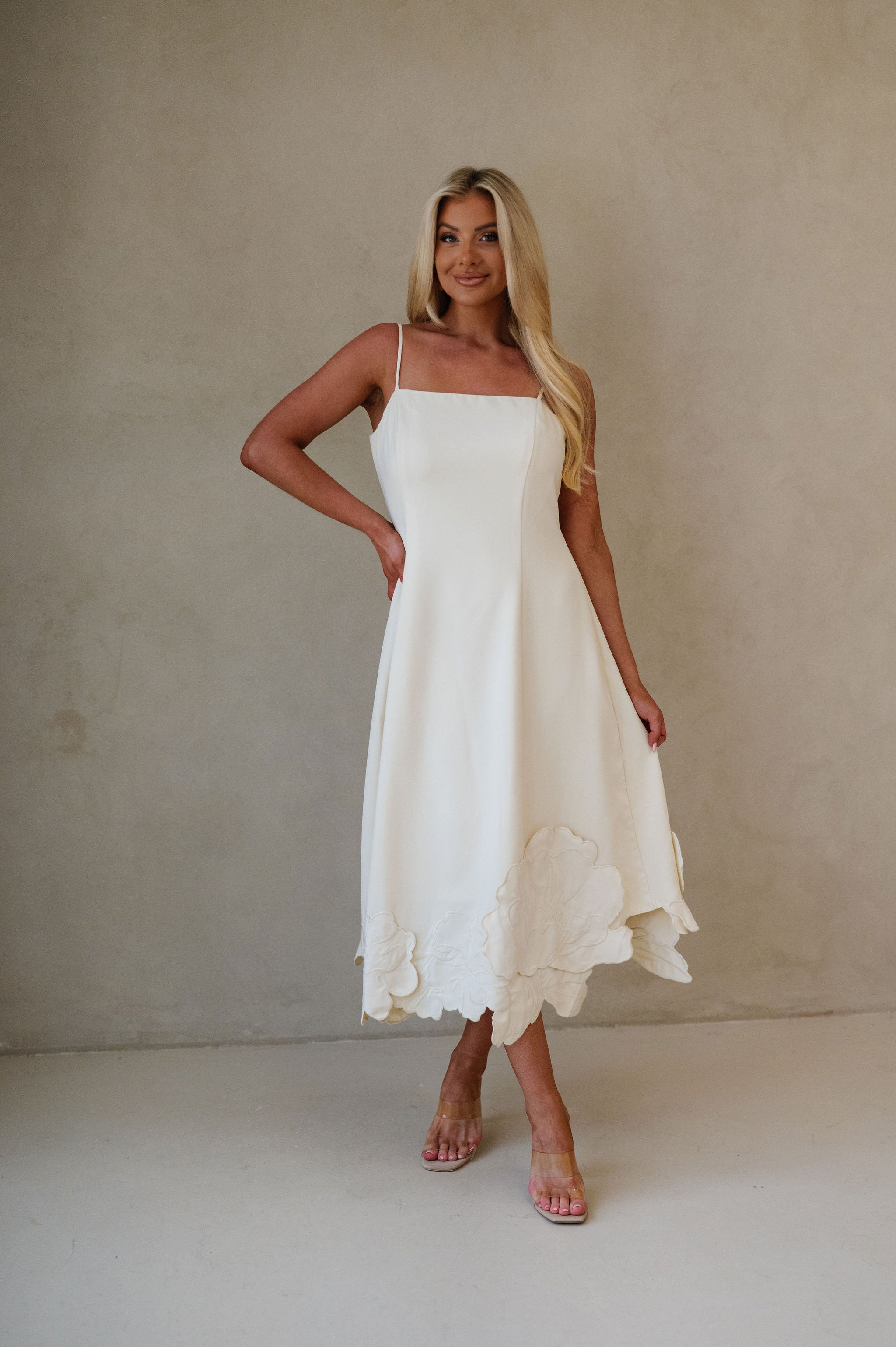 Summer Embroidered Midi Dress-Cream