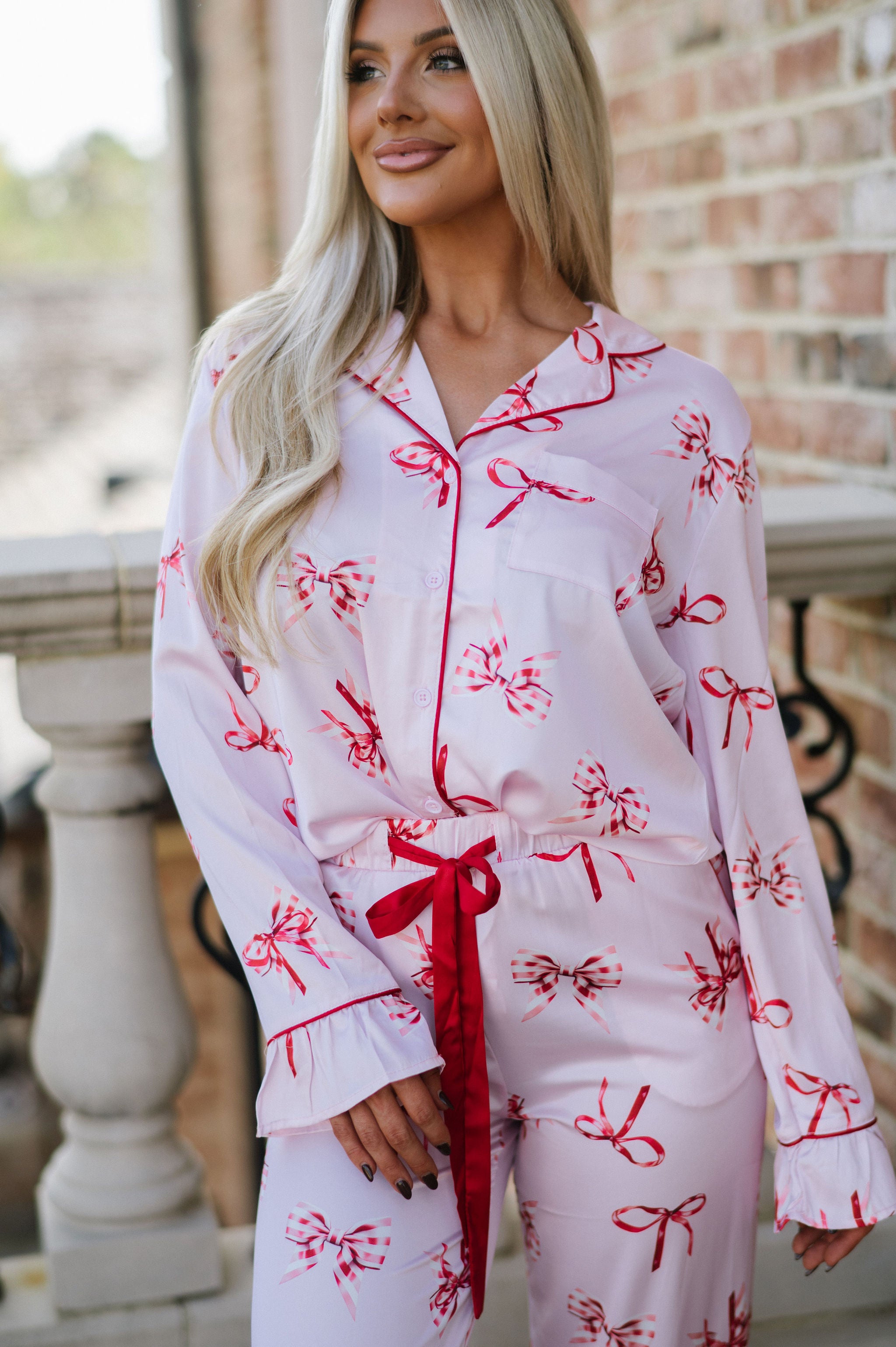 Bentley Bow Satin Pajamas-Light Pink