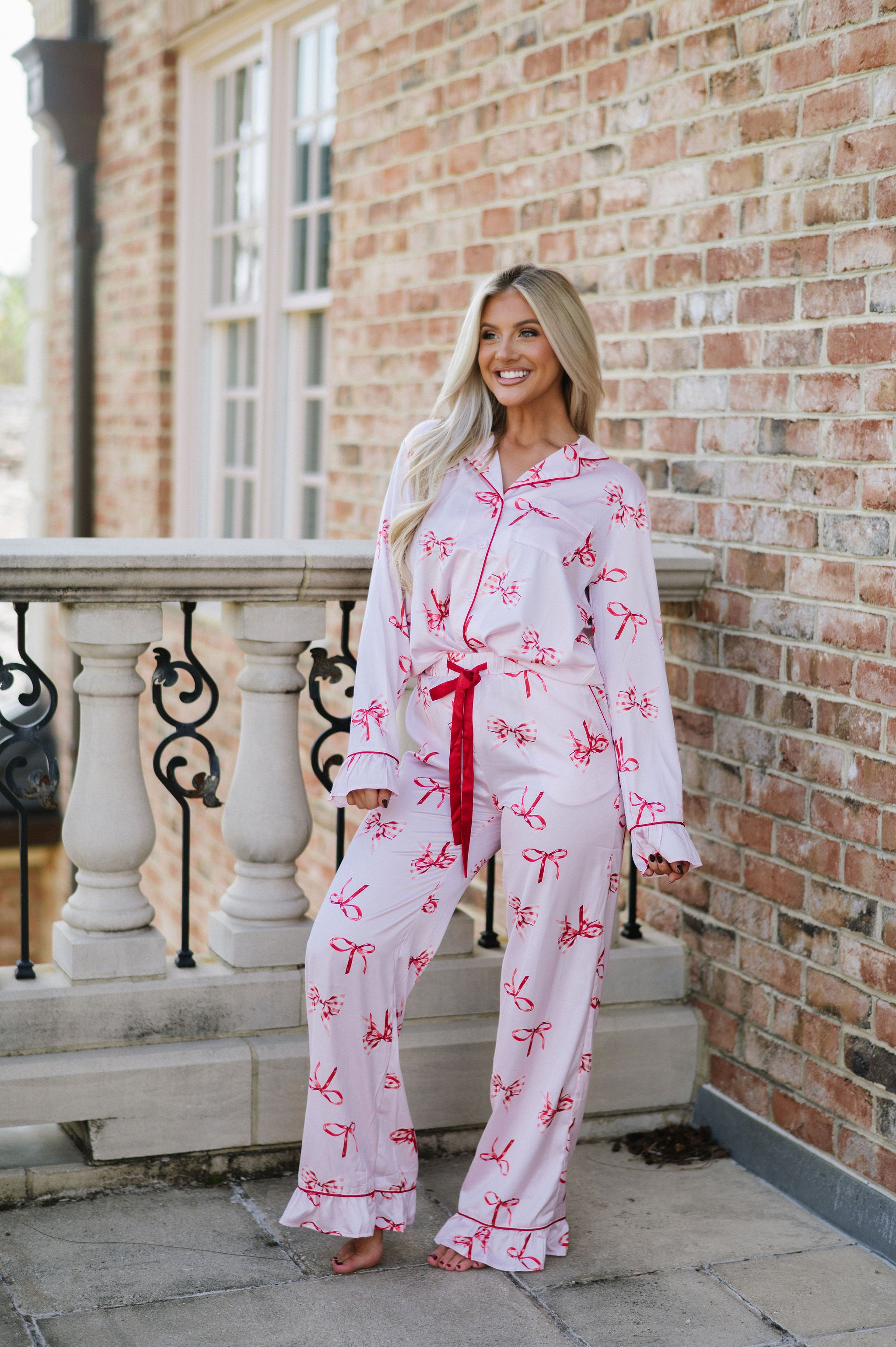 Bentley Bow Satin Pajamas-Light Pink