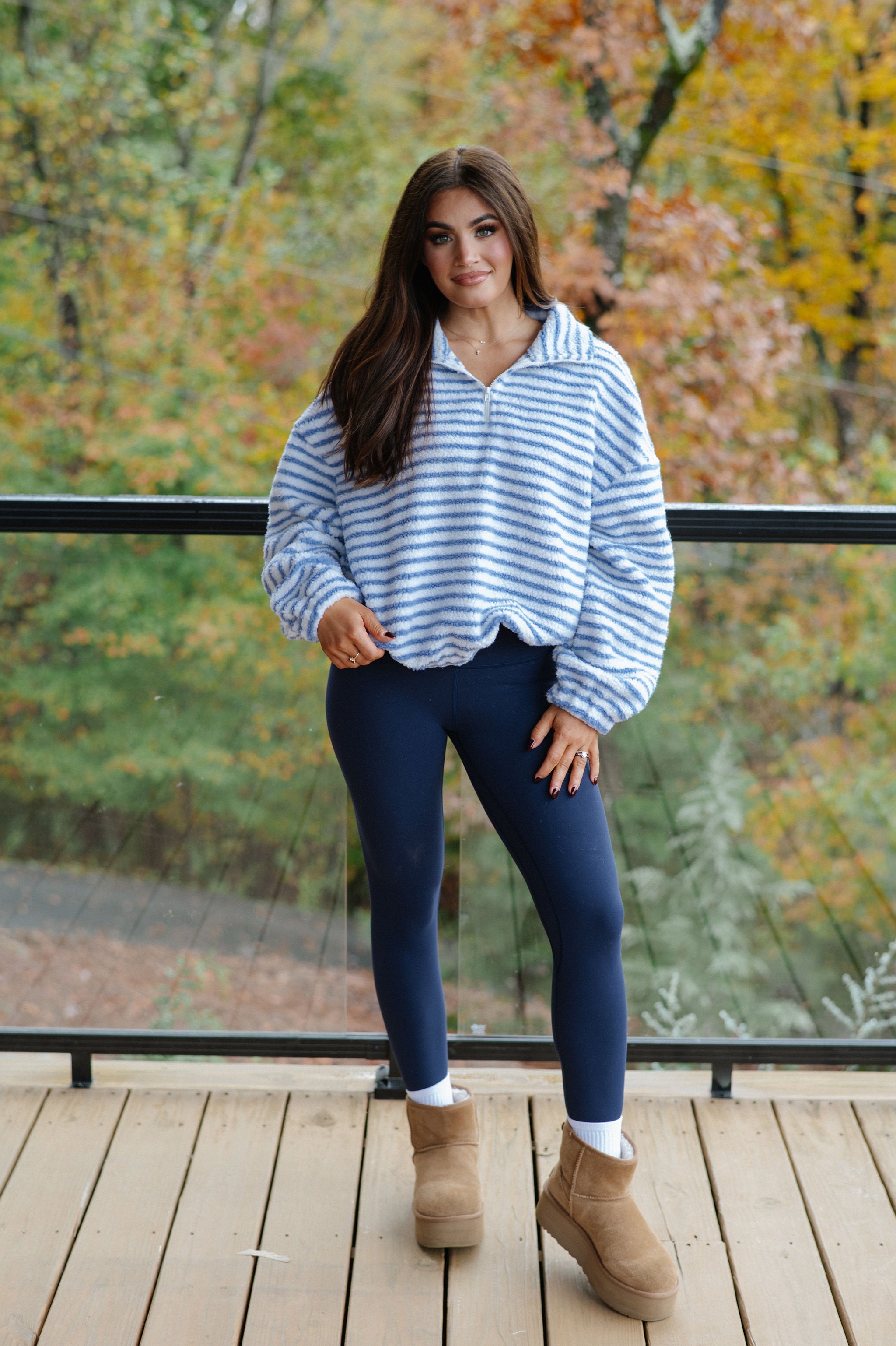 Wren Striped Quarter Zip Pullover-White/Light Blue