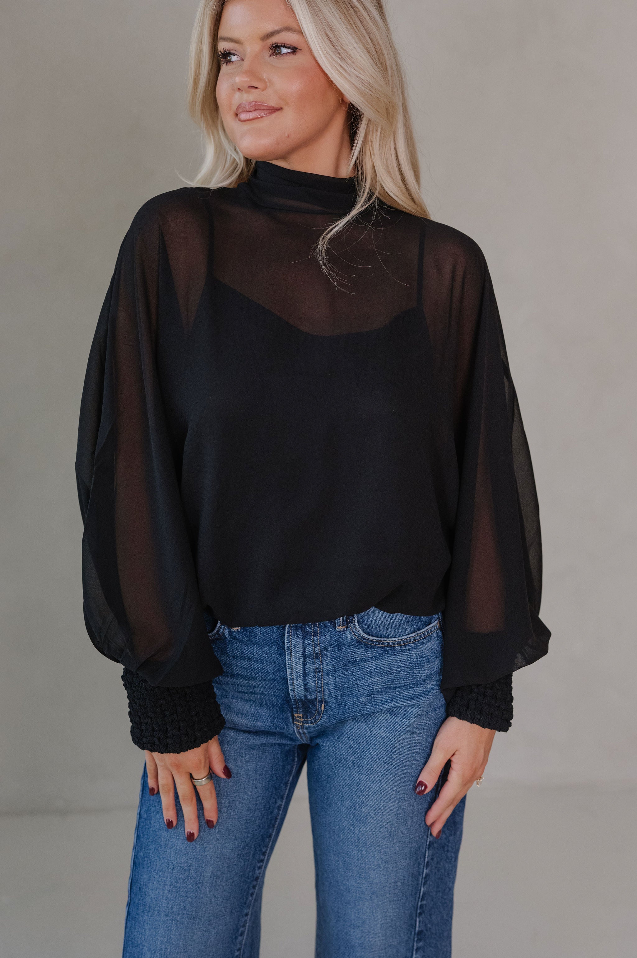 Mock Neck Sheer Top-Black