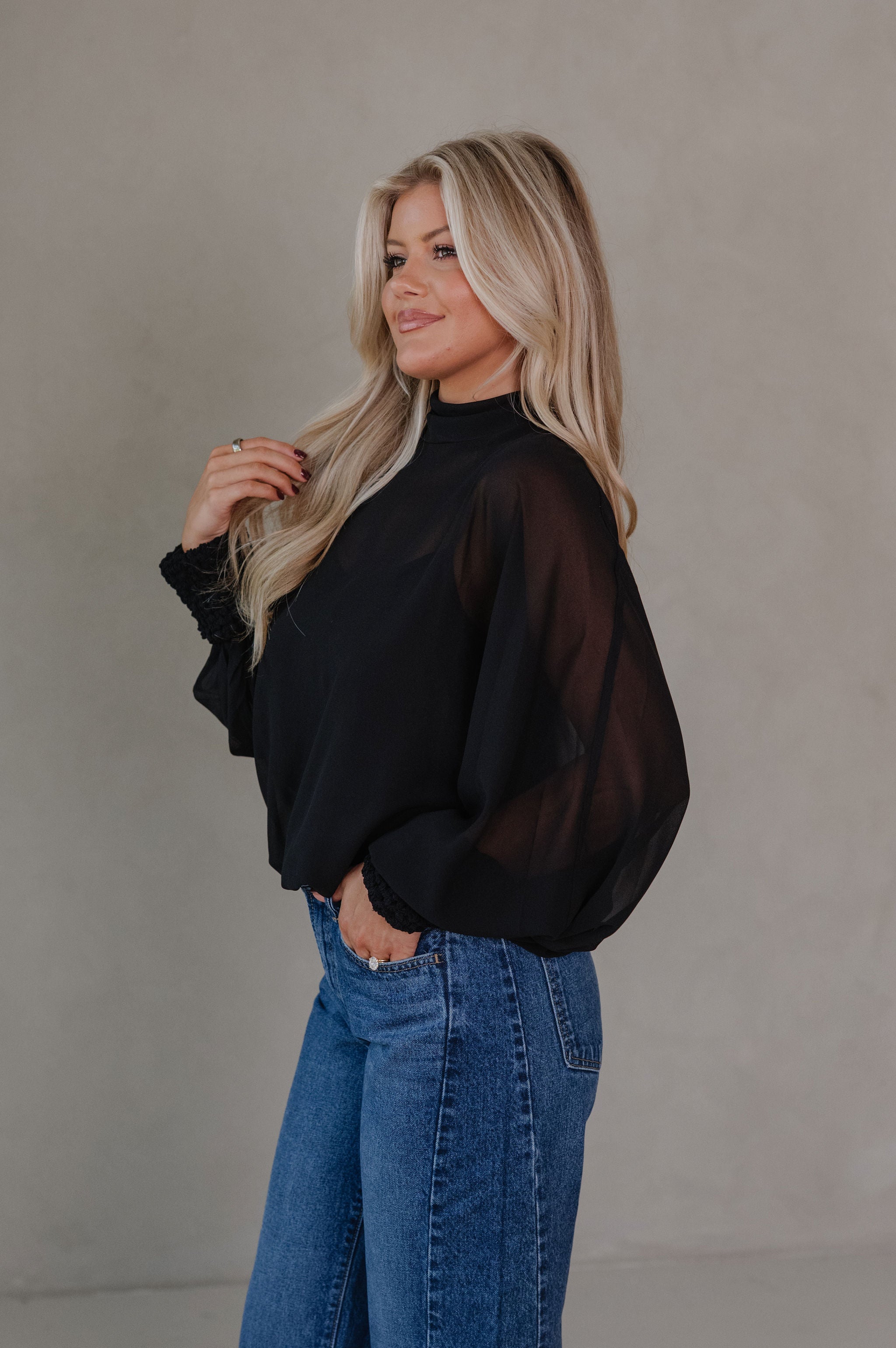 Mock Neck Sheer Top-Black