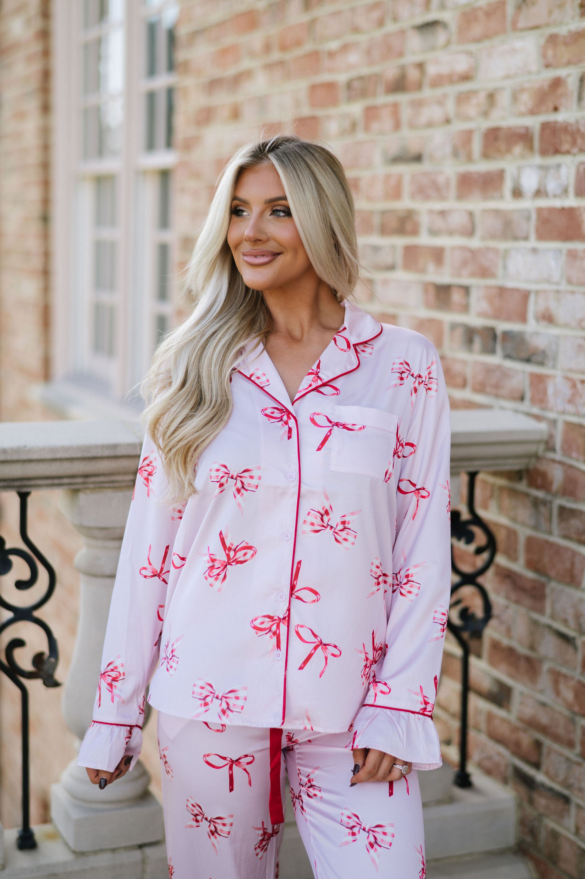 Bentley Bow Satin Pajamas-Light Pink