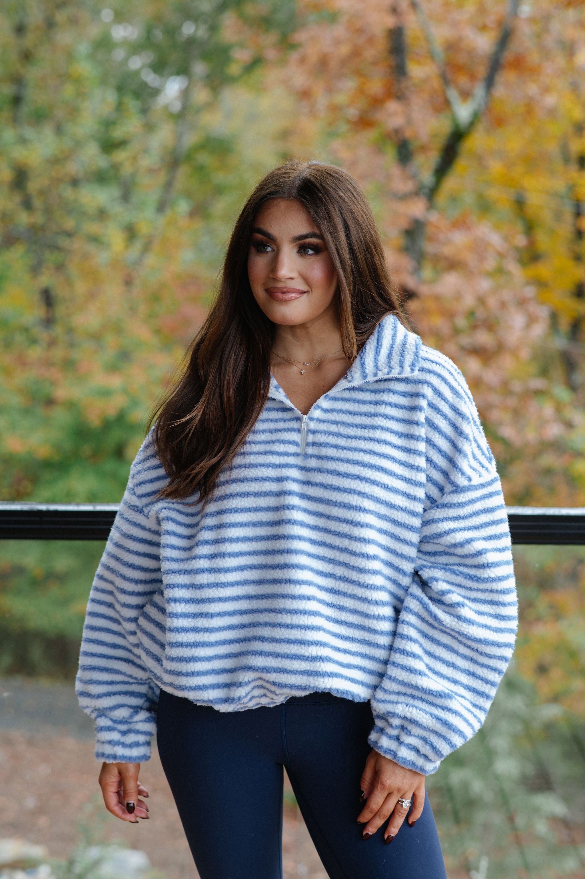 Wren Striped Quarter Zip Pullover-White/Light Blue