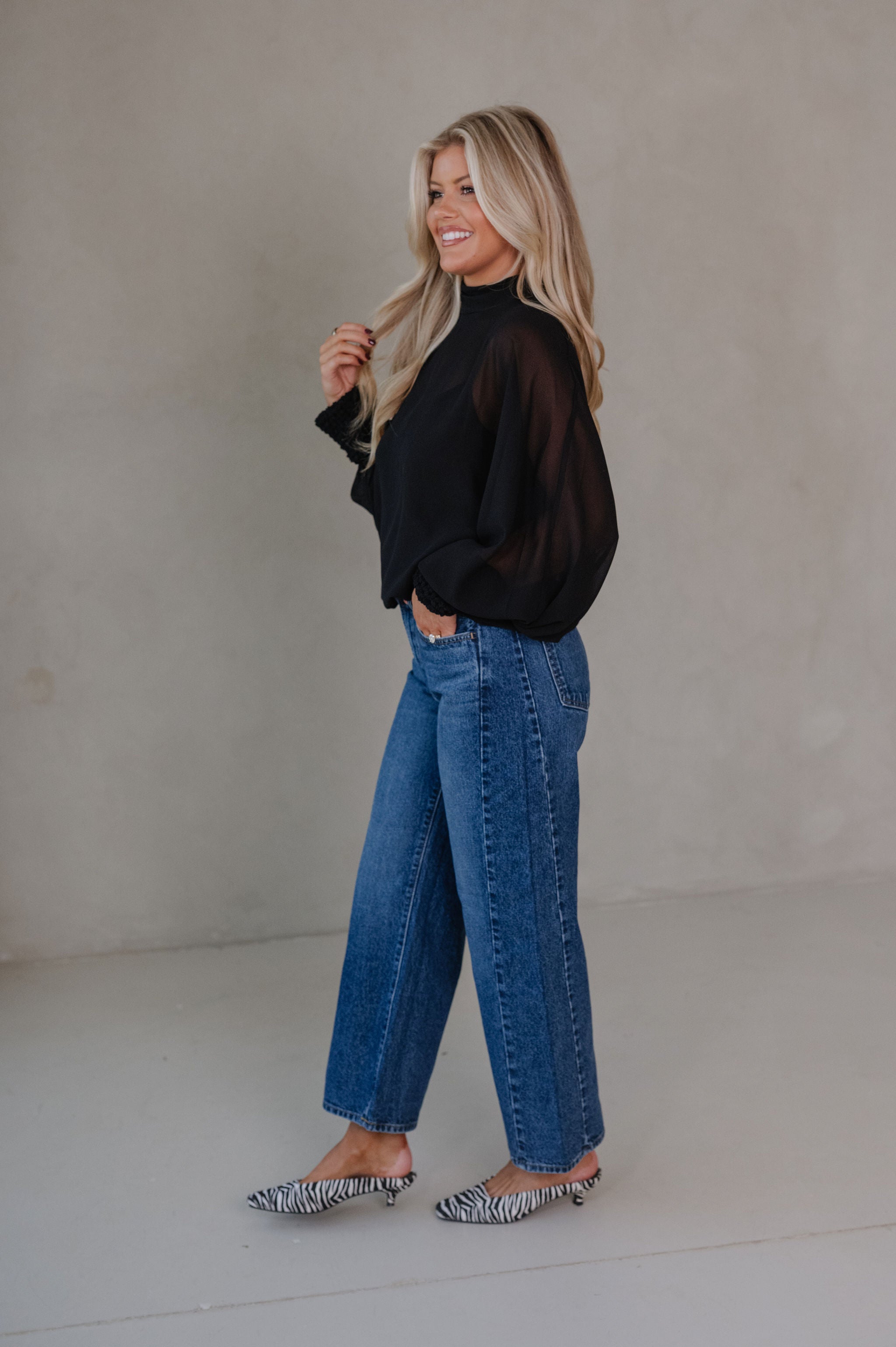Mock Neck Sheer Top-Black