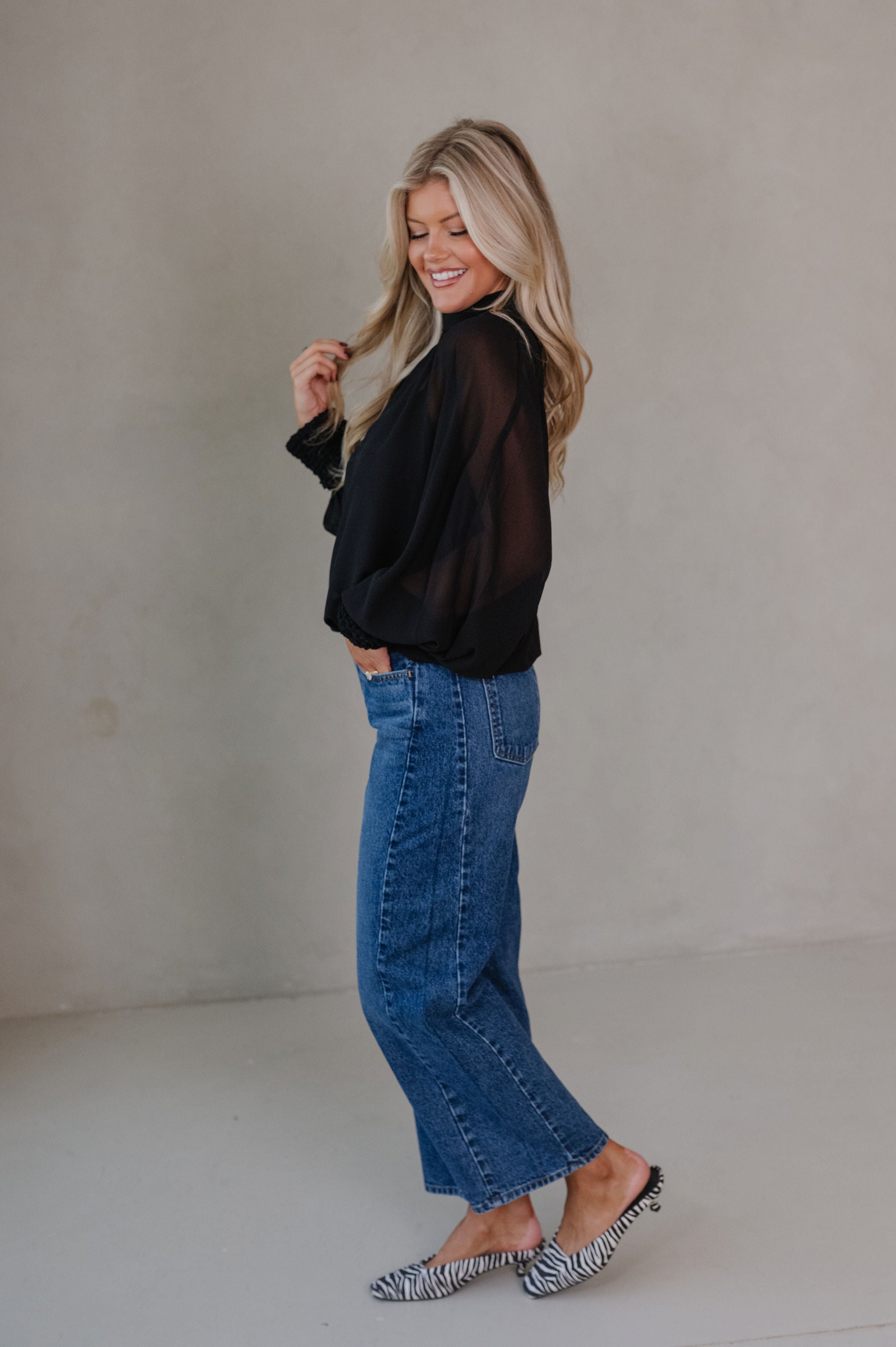 Mock Neck Sheer Top-Black