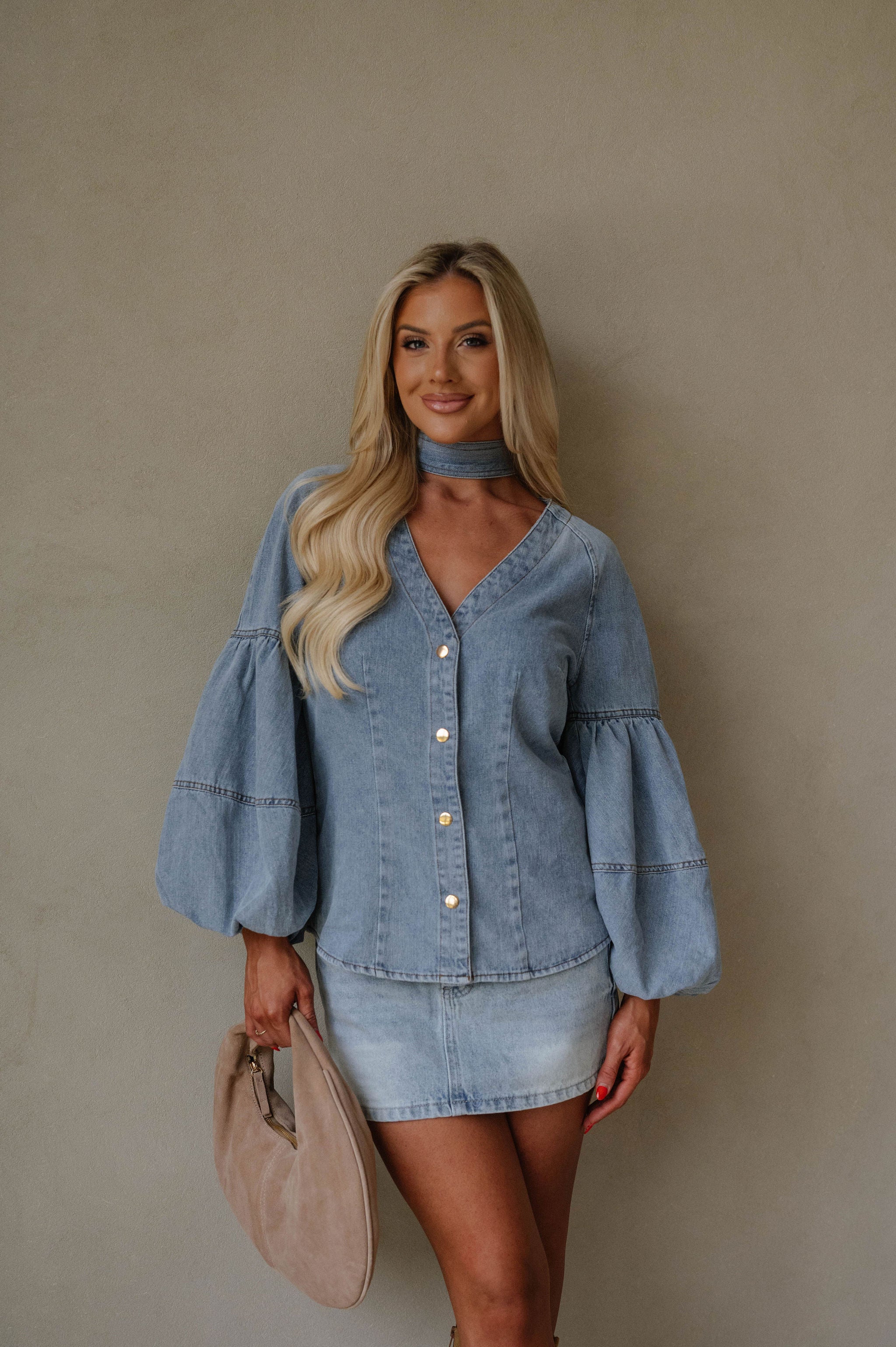 Denim Puff Sleeve Neck Tie Top