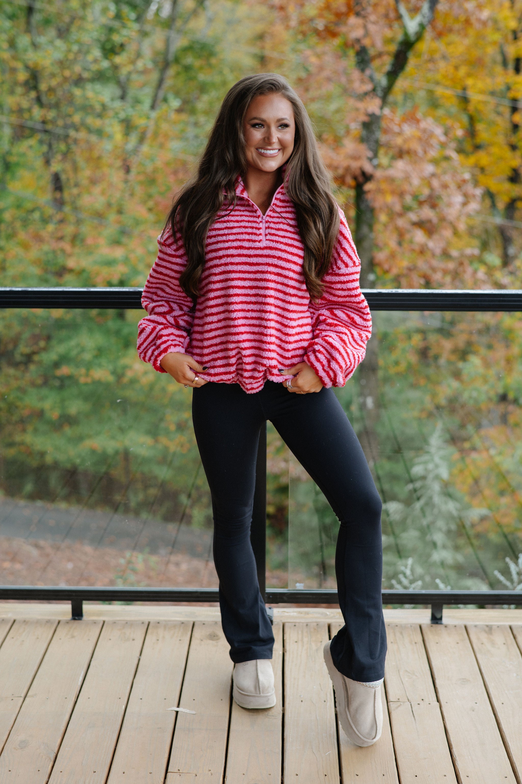 Wren Striped Quarter Zip Pullover-Pink/Red