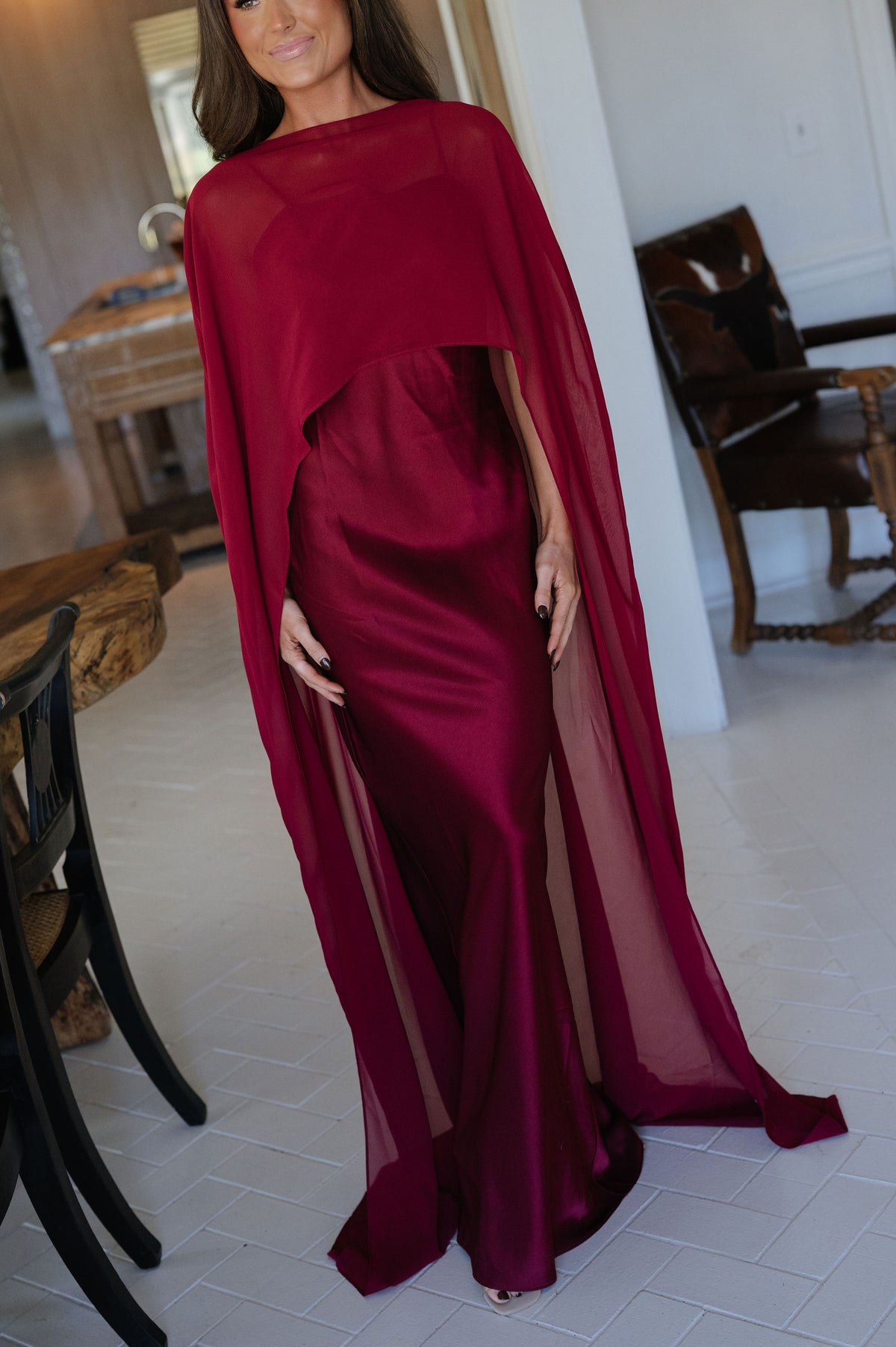 Cape Overlay Satin Maxi Dress- Burgundy