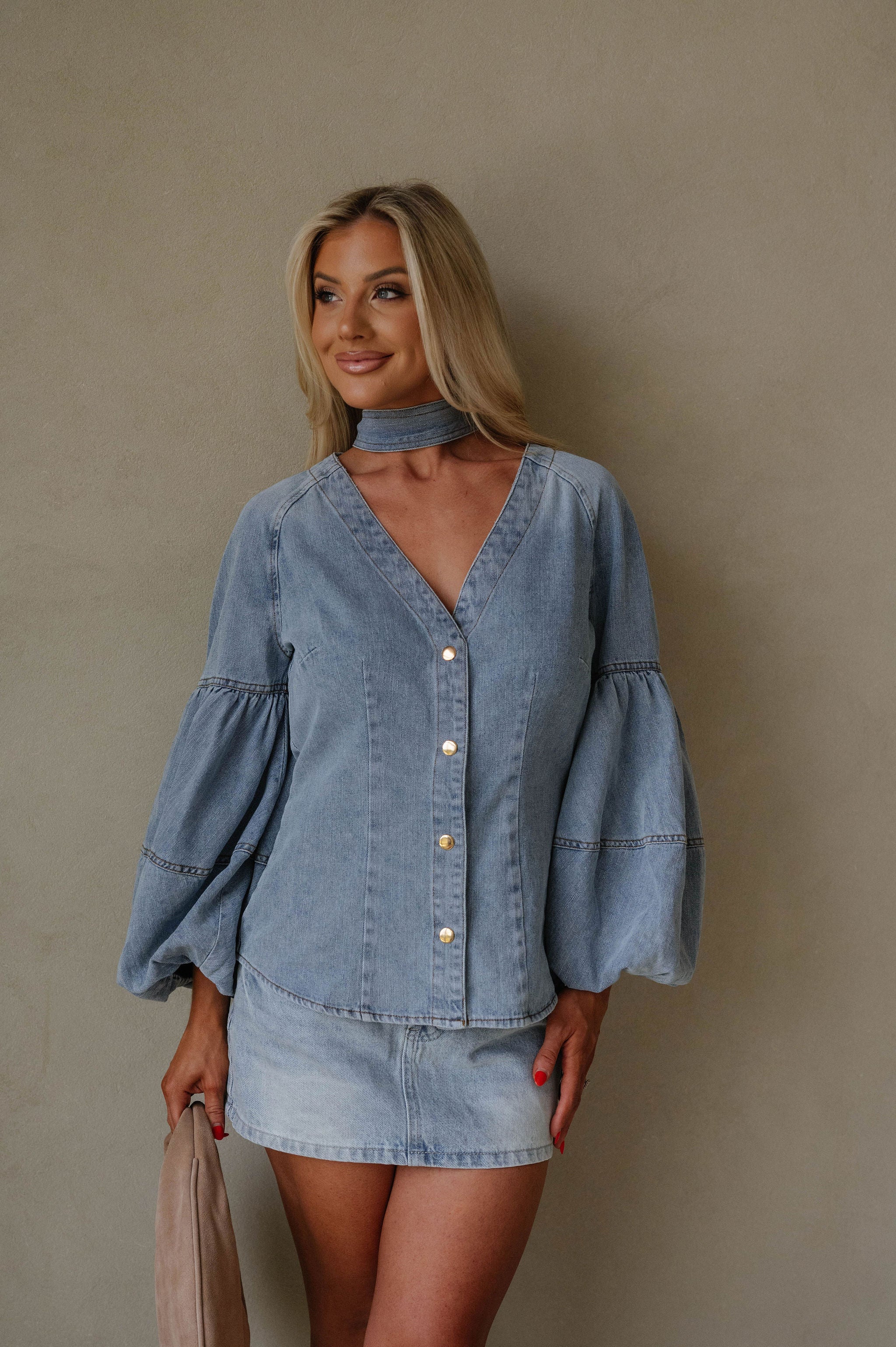 Denim Puff Sleeve Neck Tie Top