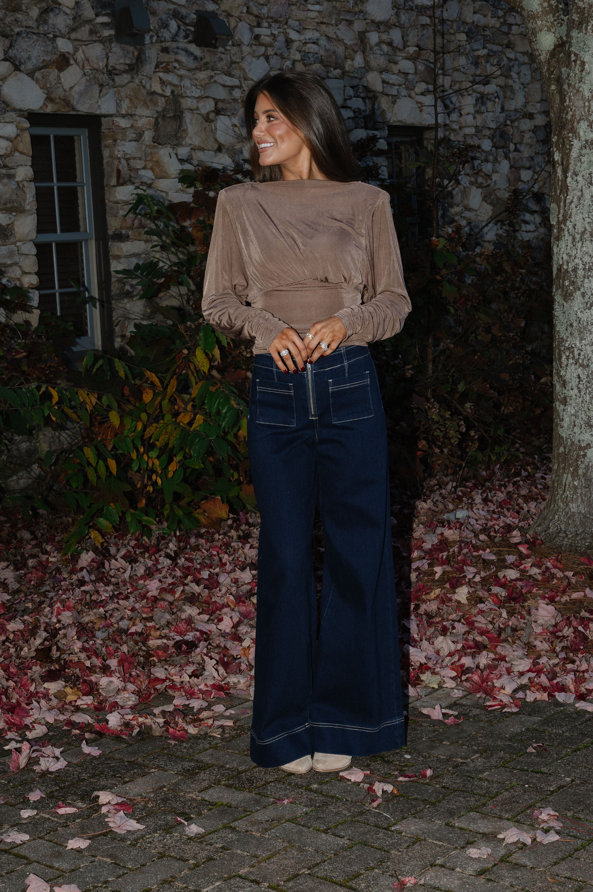 Cowl Back Ruched Top-Mocha