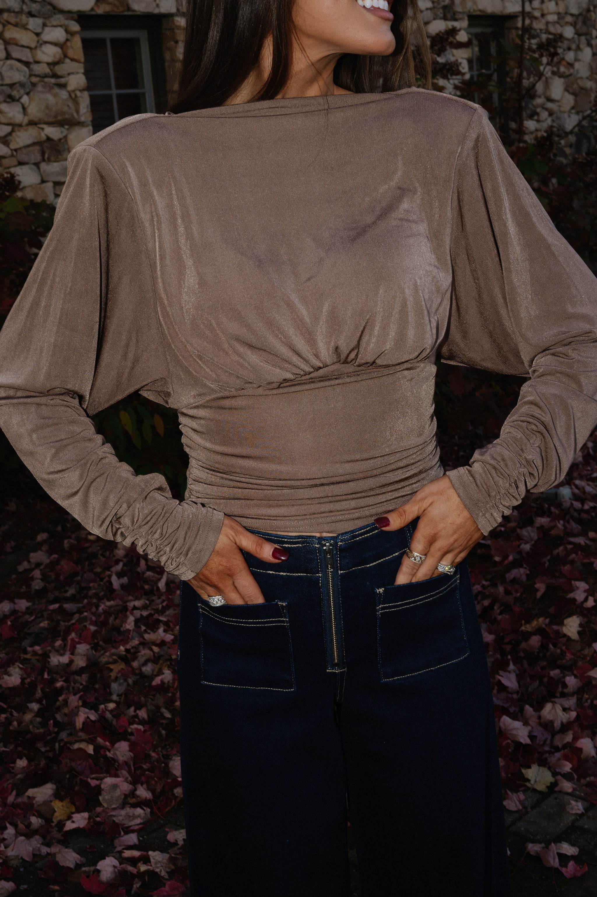 Cowl Back Ruched Top-Mocha