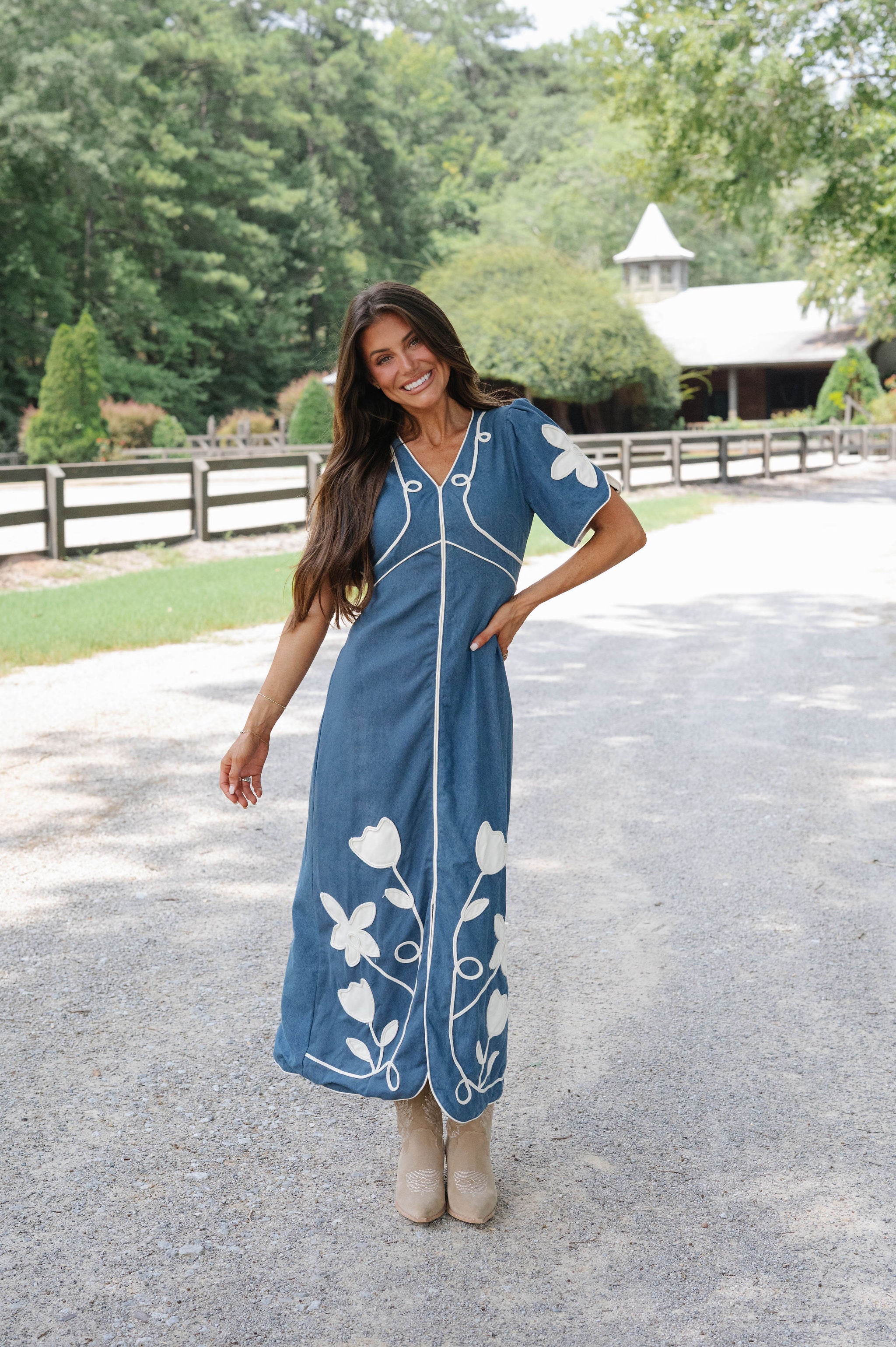 Shower Floral Applique Midi Dress-Denim