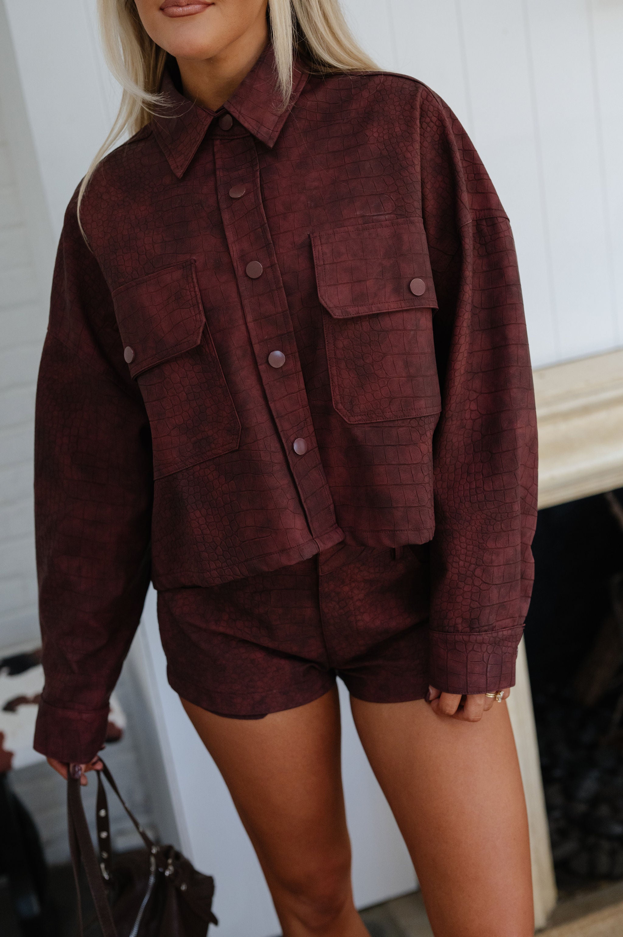 Riley Faux Leather Short Set-Burgundy