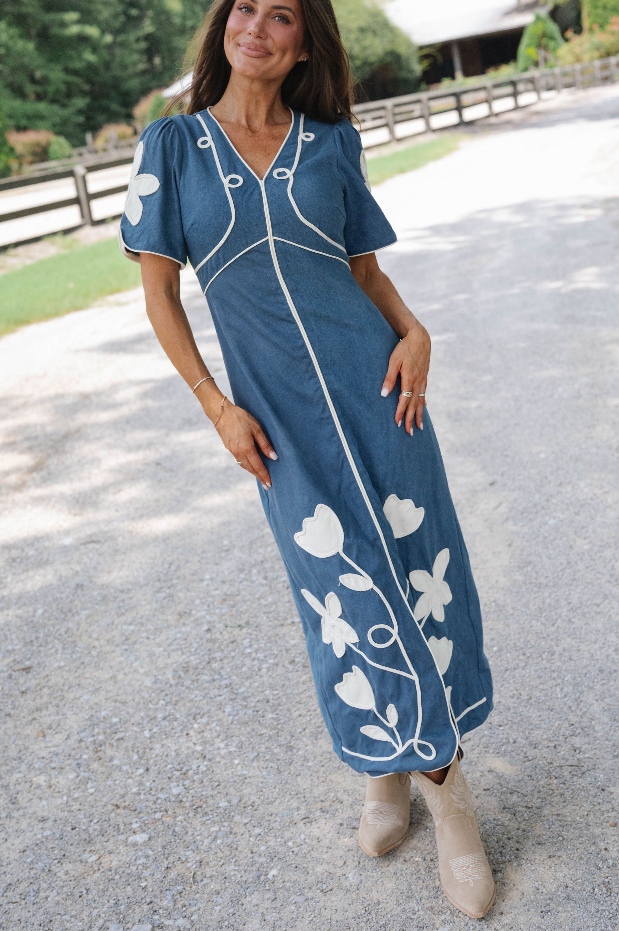 Shower Floral Applique Midi Dress-Denim