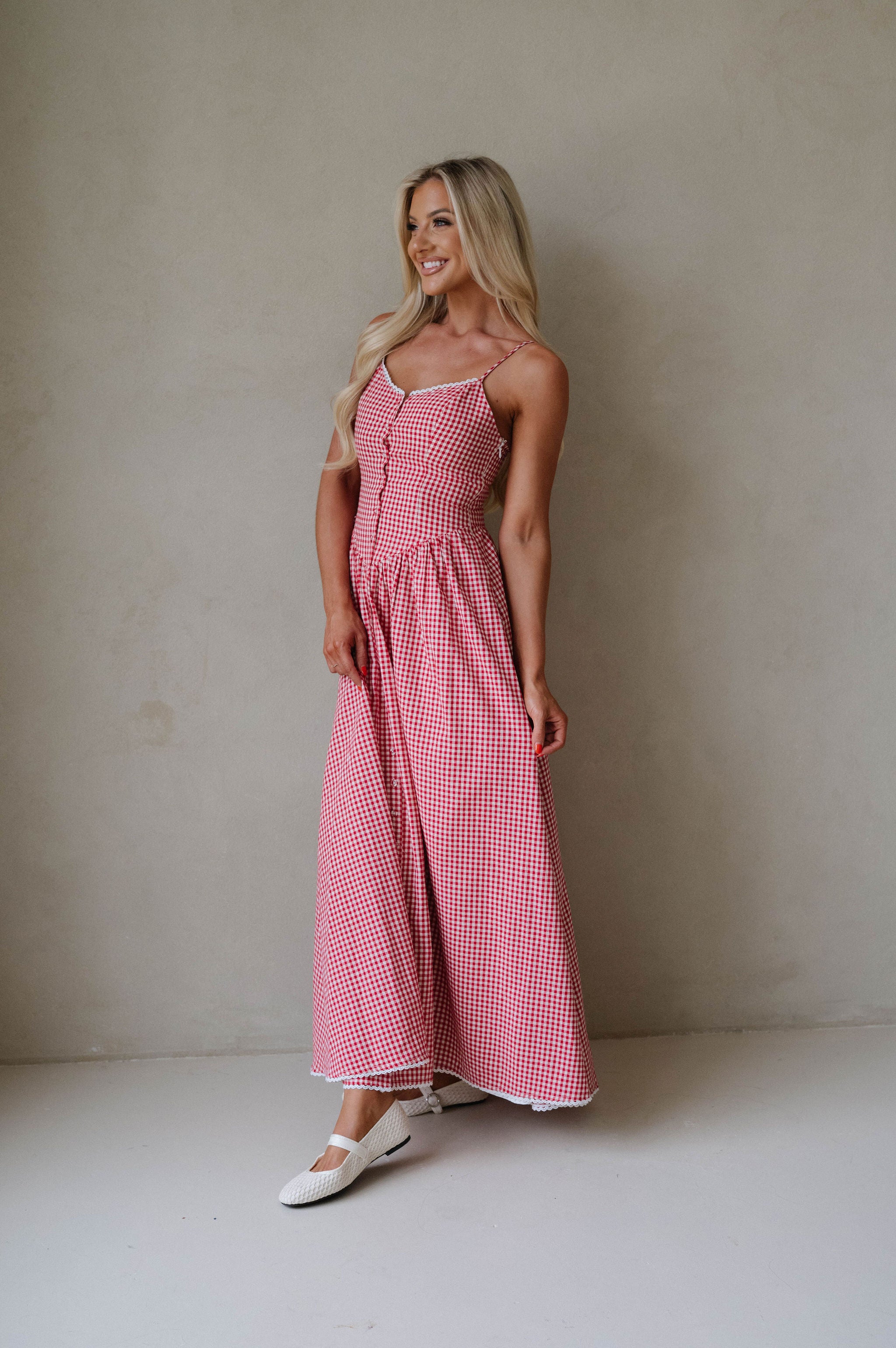 PETITE// Vintage Checkered Maxi Dress-Red
