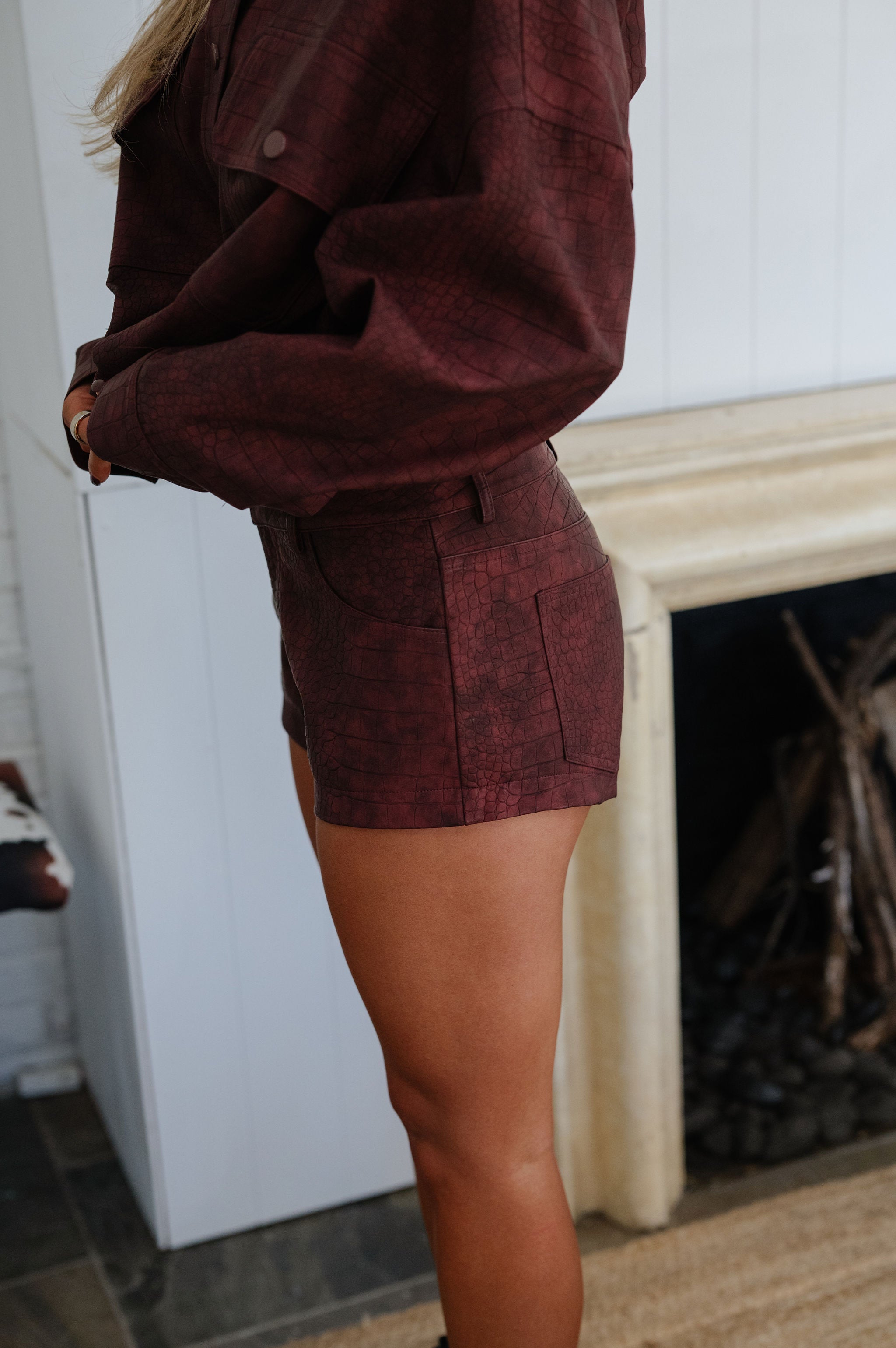 Riley Faux Leather Short Set-Burgundy