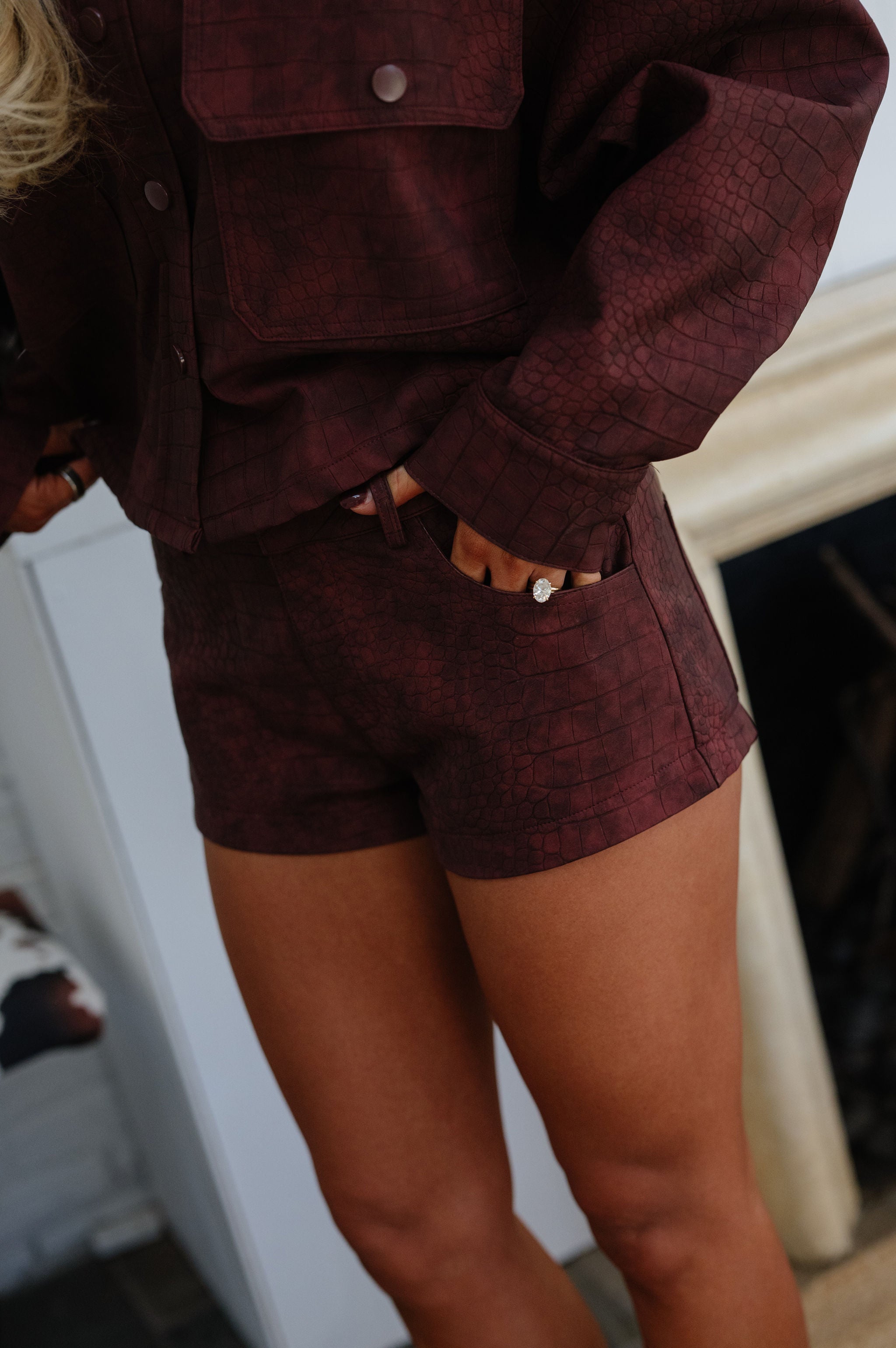Riley Faux Leather Short Set-Burgundy