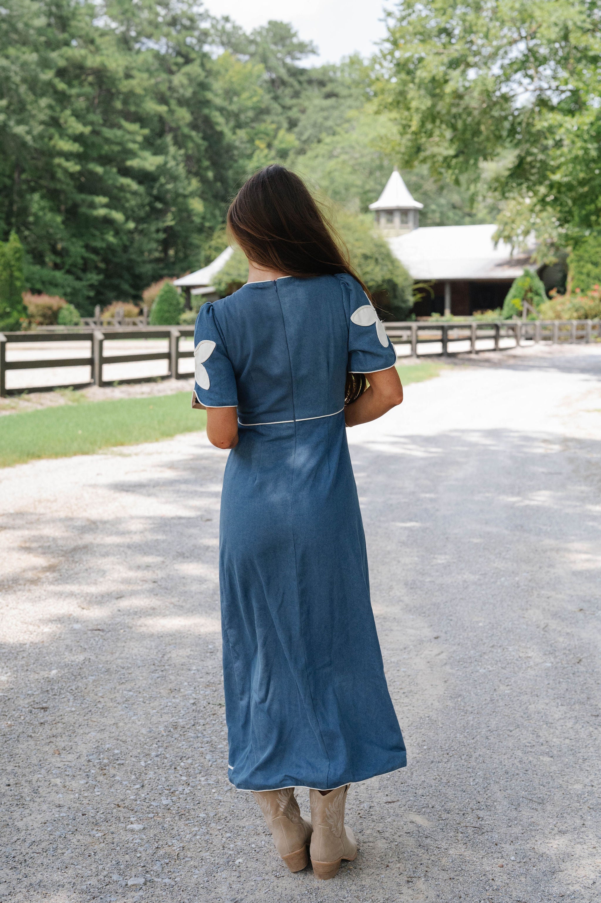 Shower Floral Applique Midi Dress-Denim