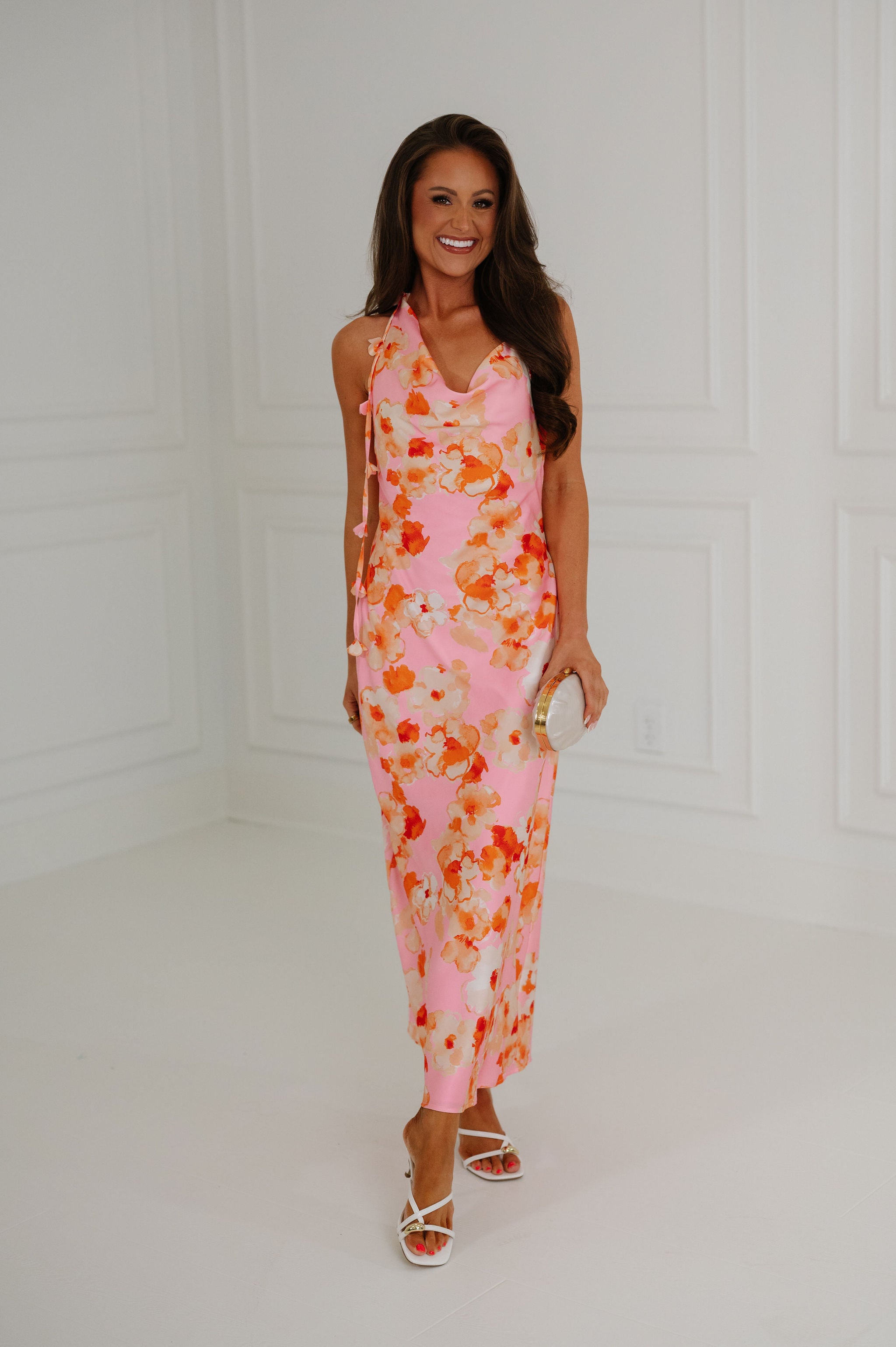 Jenny Floral Satin Halter Maxi Dress-Pink Jenny Floral Satin Halter Maxi Dress-Pink