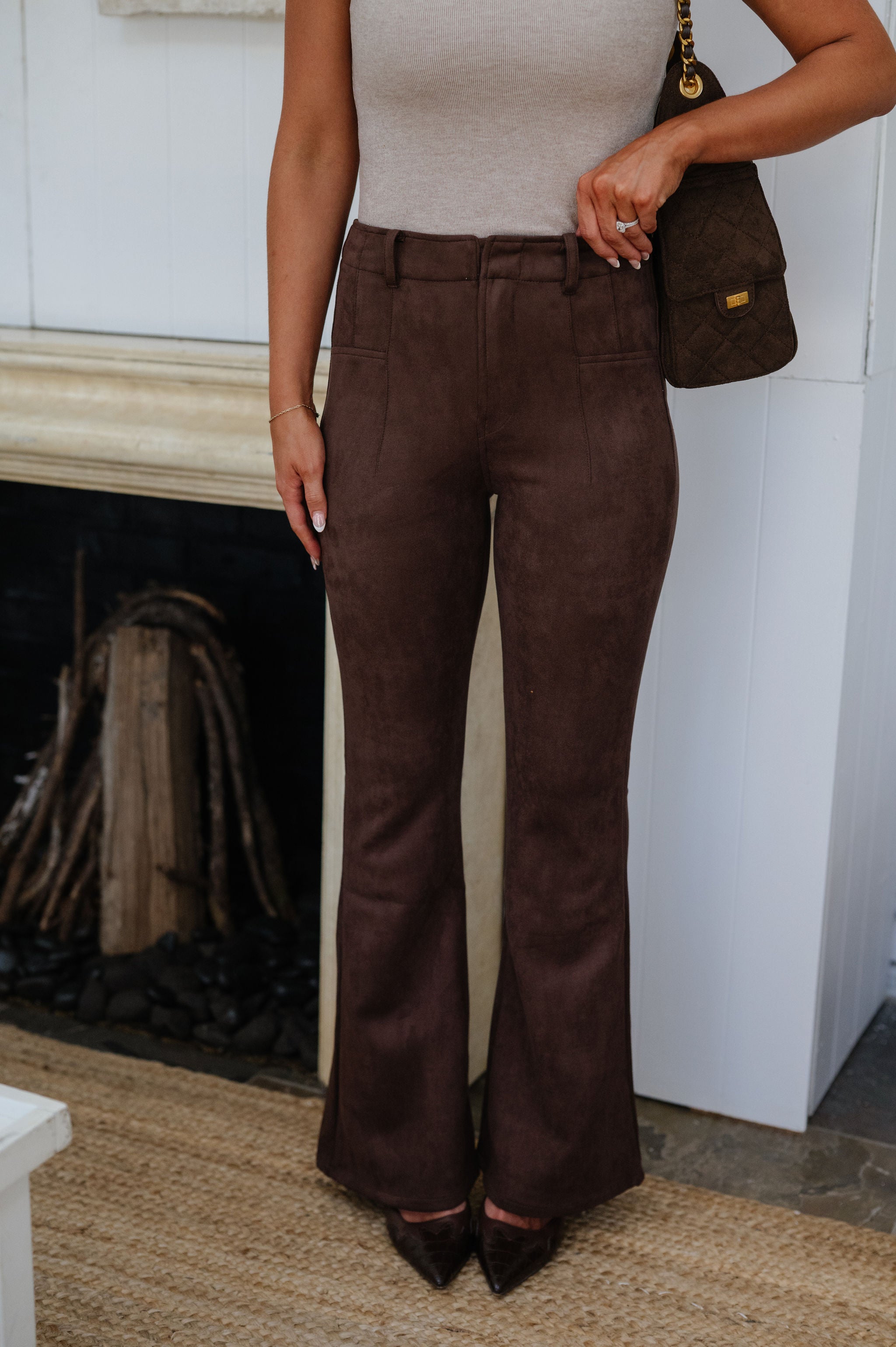 Lainey Faux Suede Flare Pants-Dark Oak