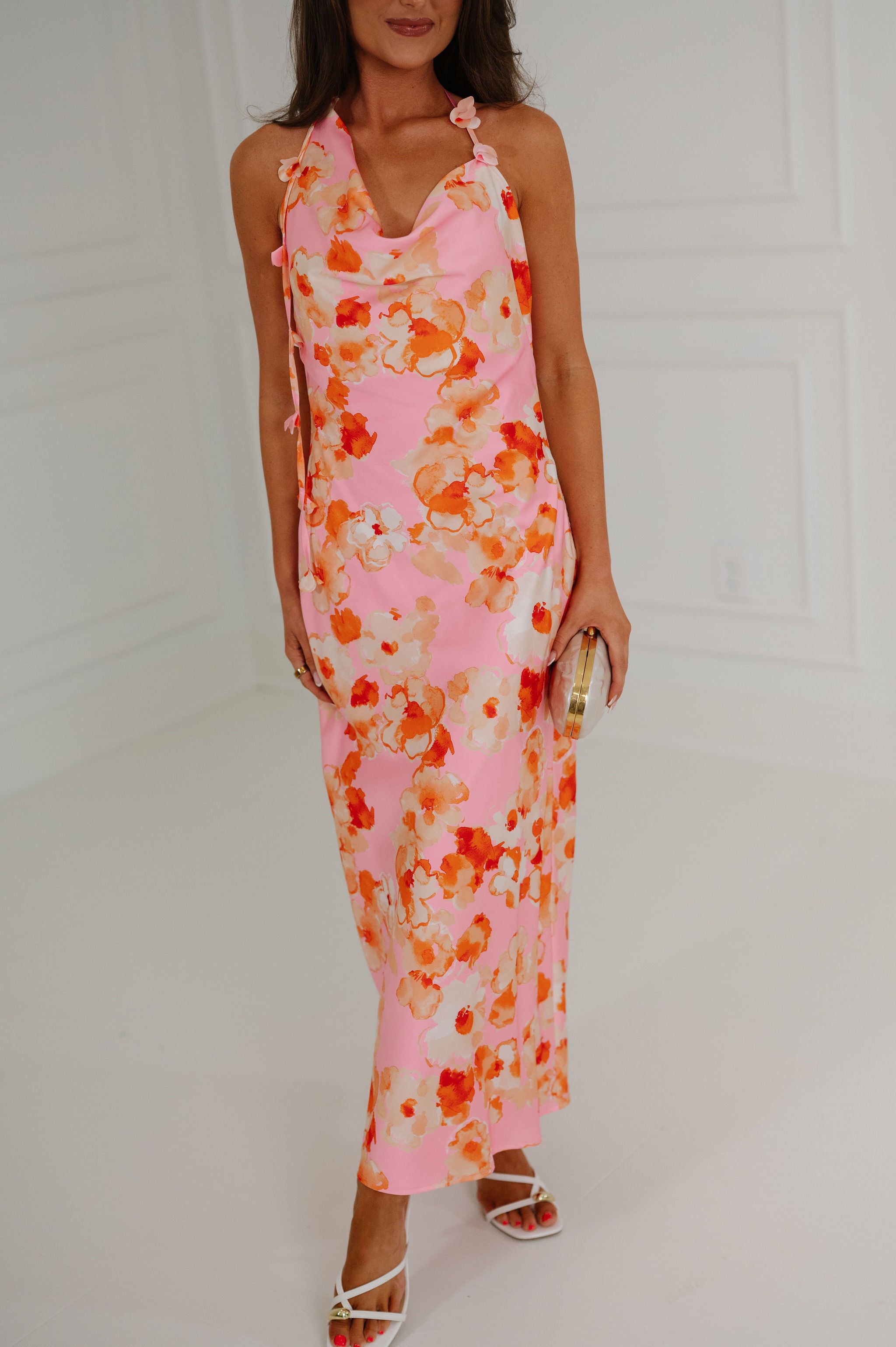 floral satin maxi dress Jenny Floral Satin Halter Maxi Dress-Pink