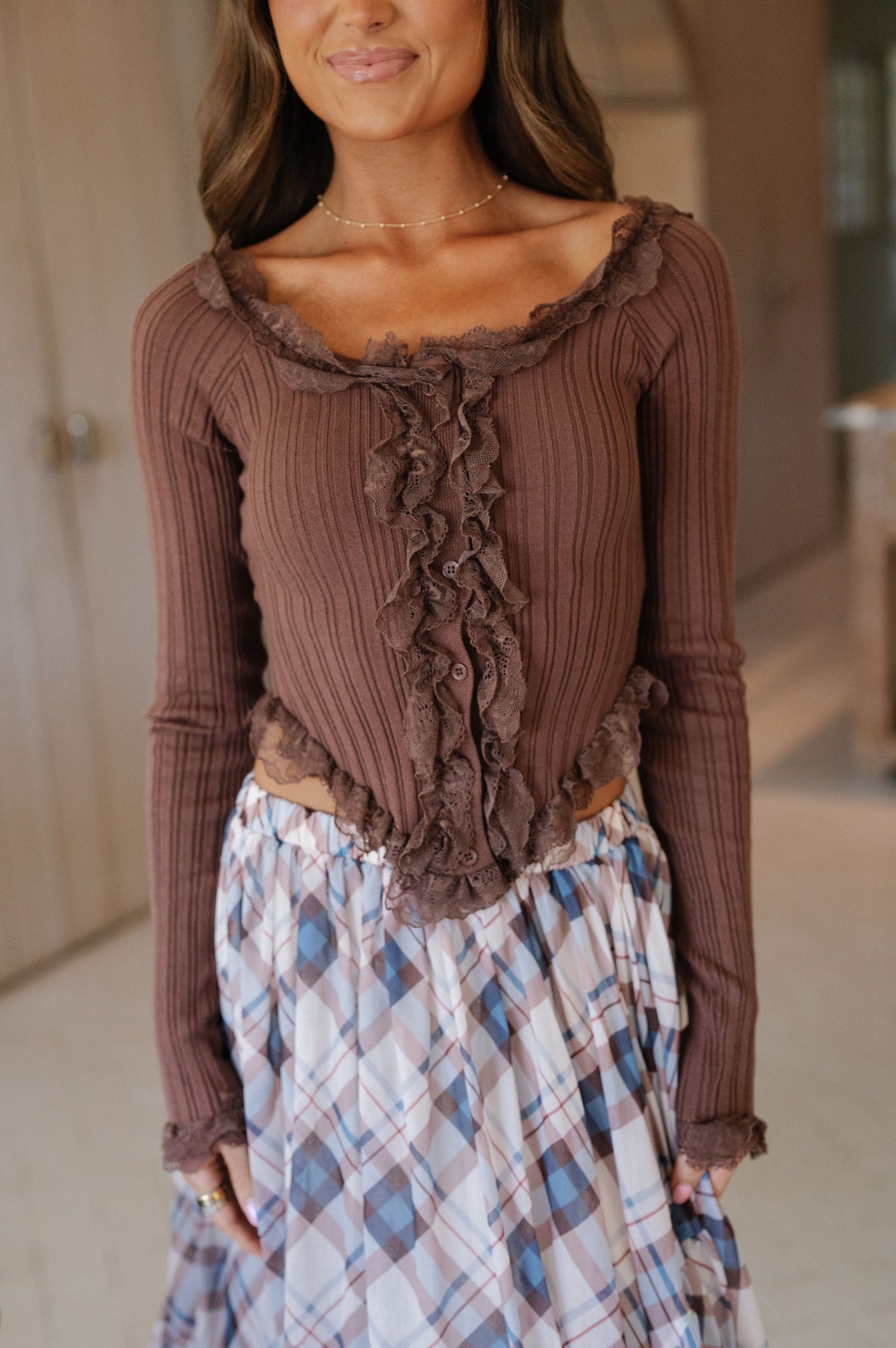 Lace Ruffled Sweater Top-Mocha